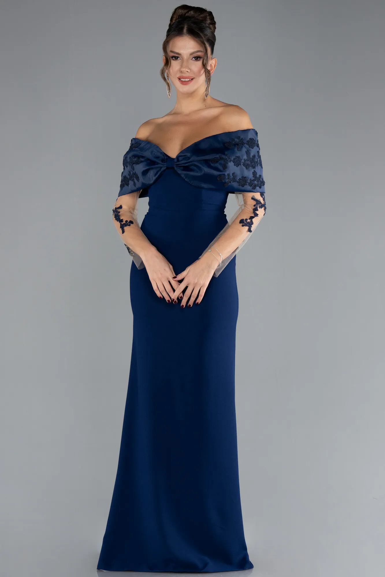 Navy Blue-Boat Neck Guipure Long Sleeve Fishtail Evening Dress ABU4343