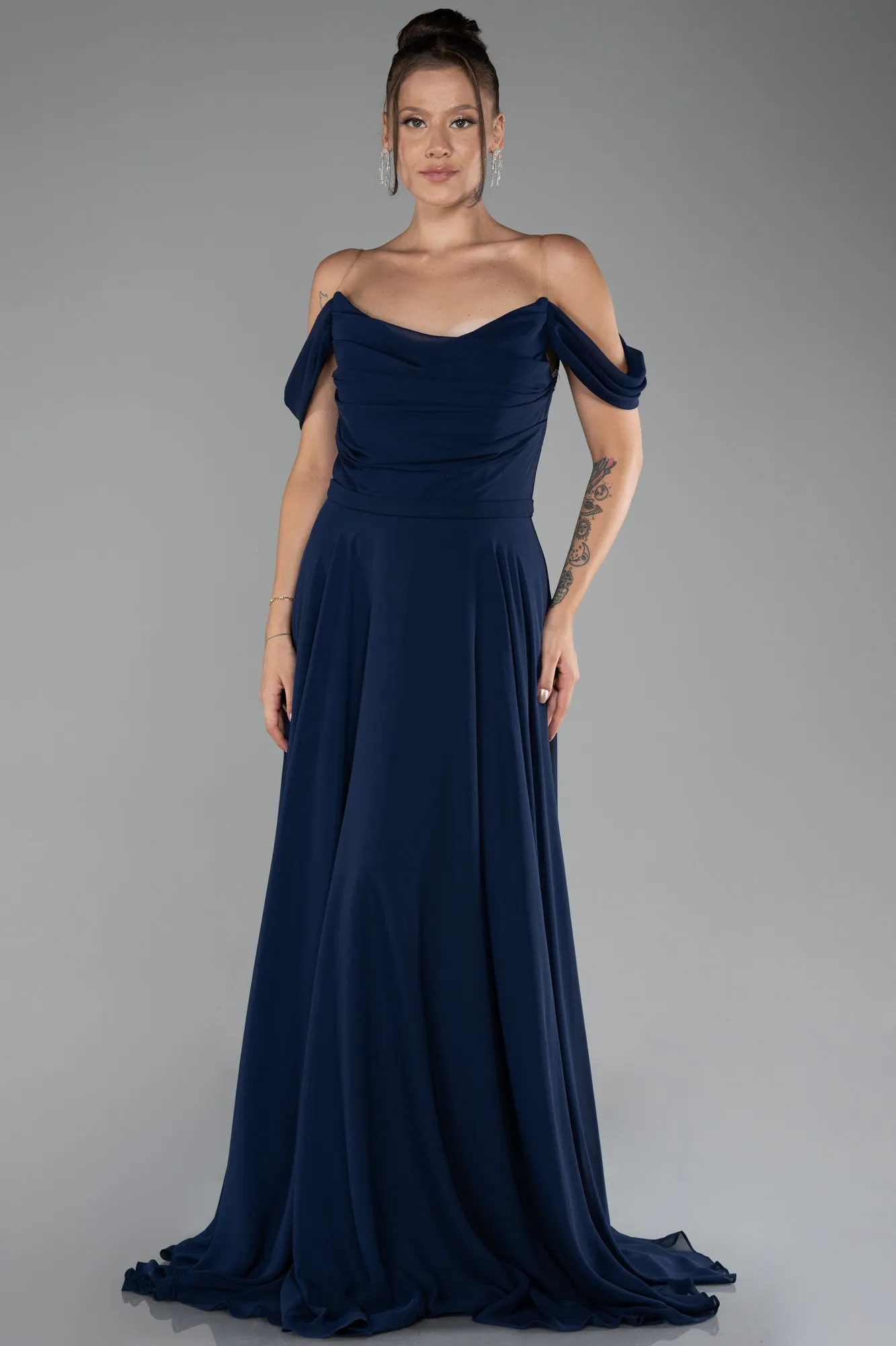 Navy Blue-Boat Neck Long Chiffon Evening Dress ABU4078