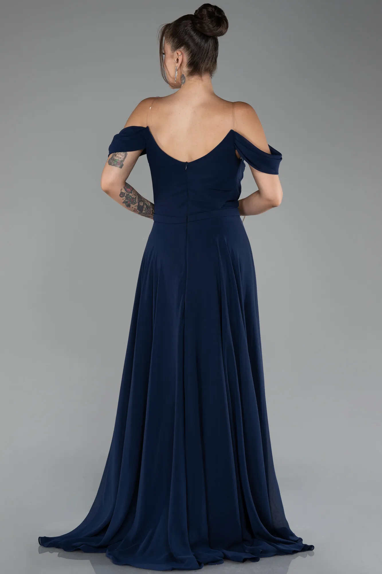 Navy Blue-Boat Neck Long Chiffon Evening Dress ABU4078