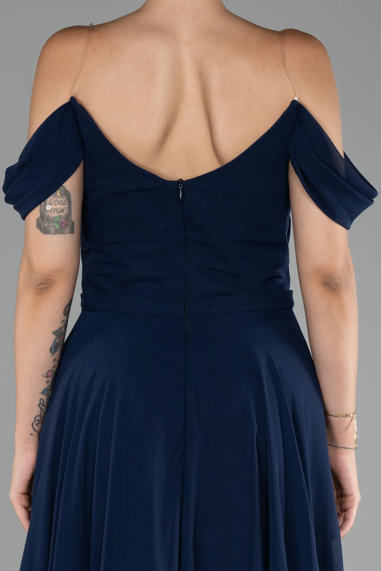 Navy Blue-Boat Neck Long Chiffon Evening Dress ABU4078