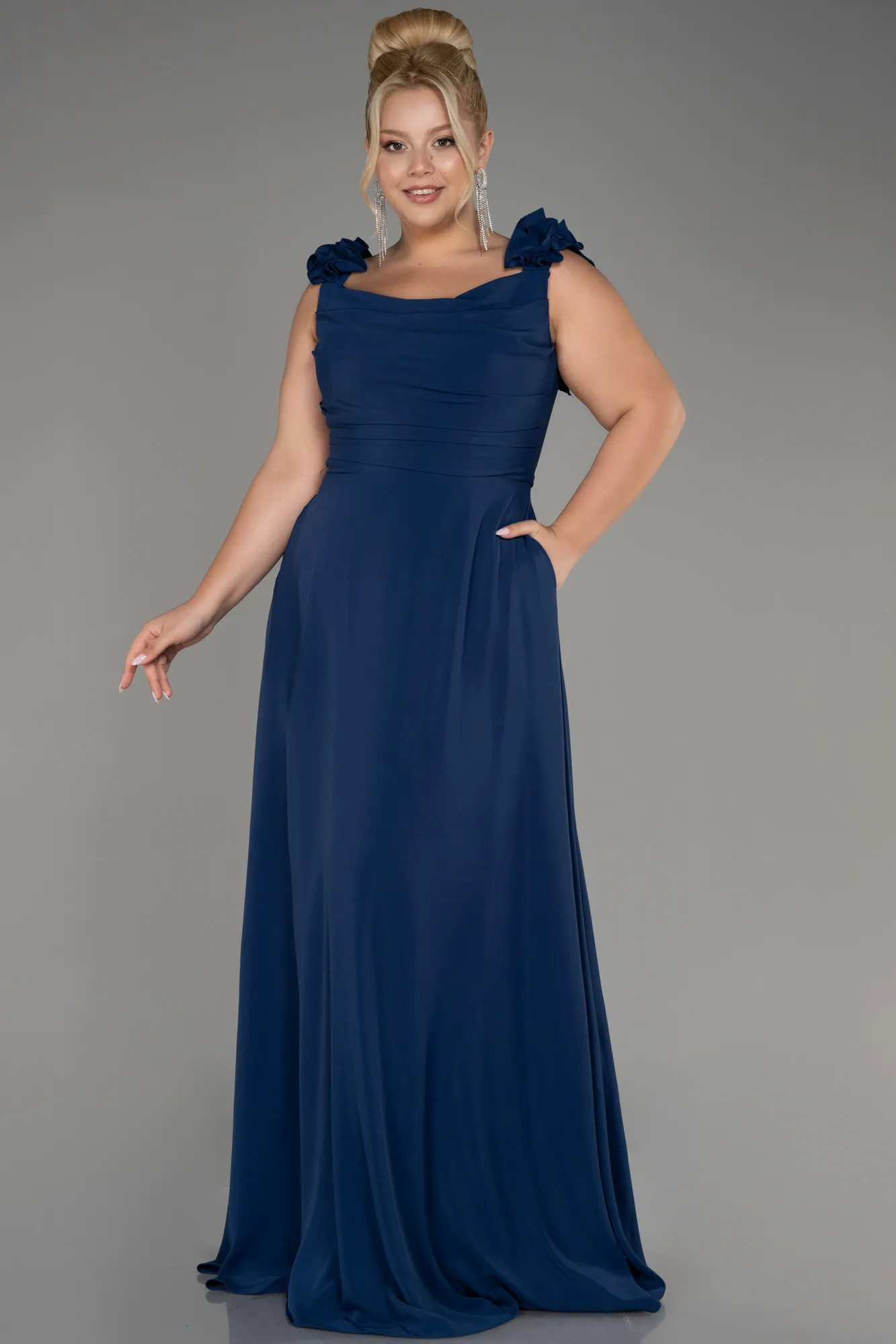 Navy Blue-Boat Neck Long Chiffon Plus Size Evening Dress ABU4026