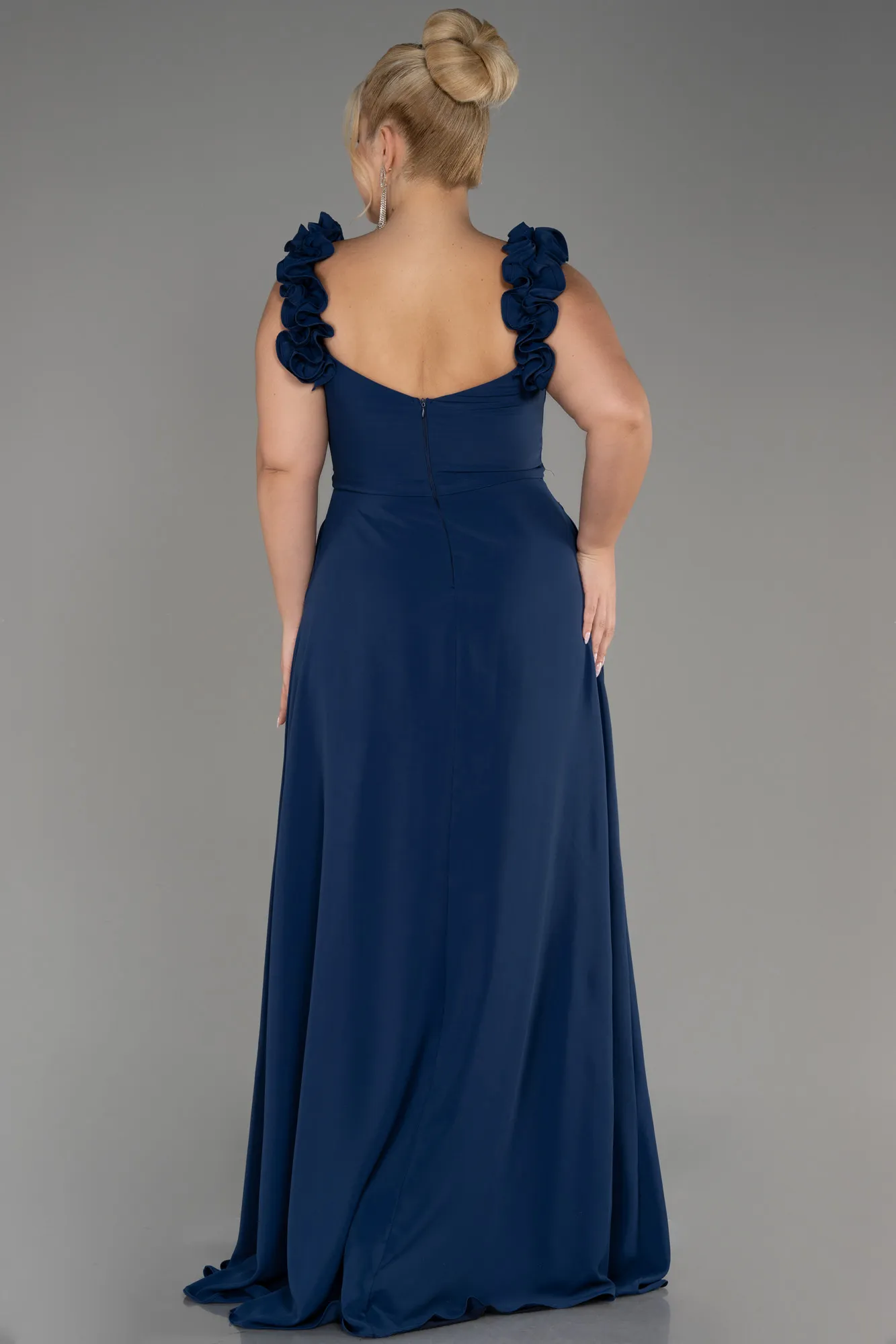 Navy Blue-Boat Neck Long Chiffon Plus Size Evening Dress ABU4026