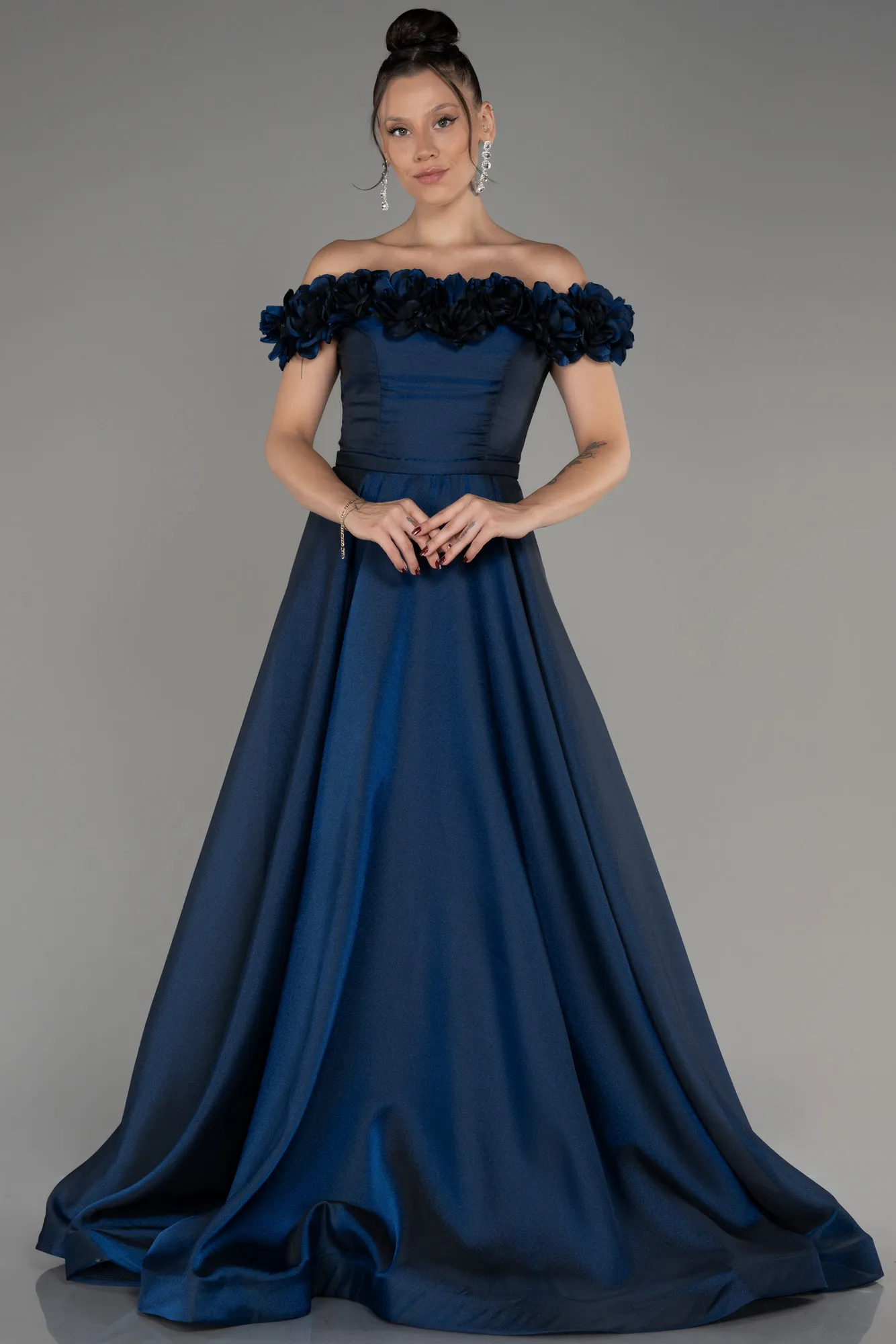 Navy Blue-Boat Neck Long Princess Evening Dress ABU3960