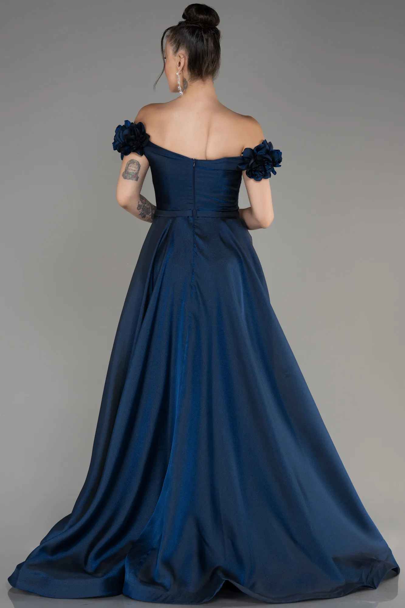 Navy Blue-Boat Neck Long Princess Evening Dress ABU3960