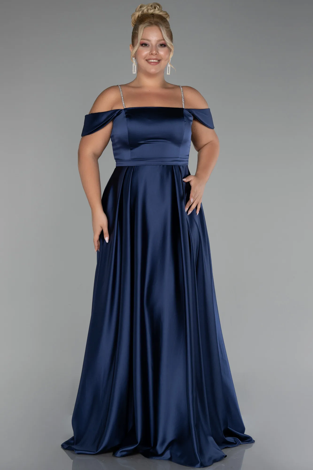 Navy Blue-Boat Neck Long Satin Plus Size Prom Dress ABU4125