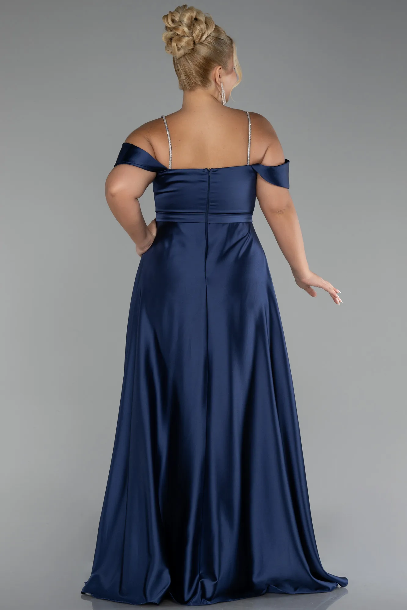 Navy Blue-Boat Neck Long Satin Plus Size Prom Dress ABU4125