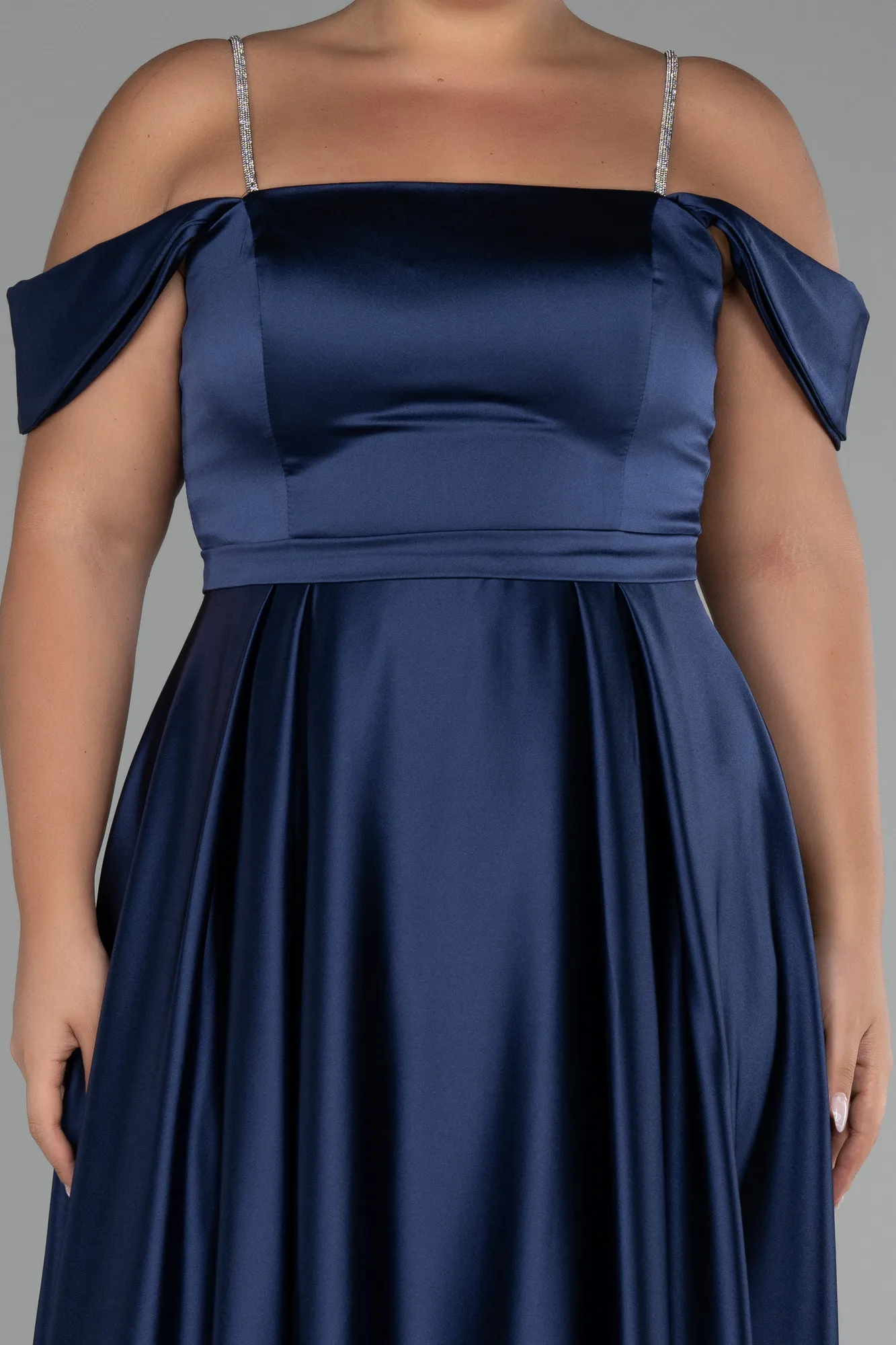 Navy Blue-Boat Neck Long Satin Plus Size Prom Dress ABU4125