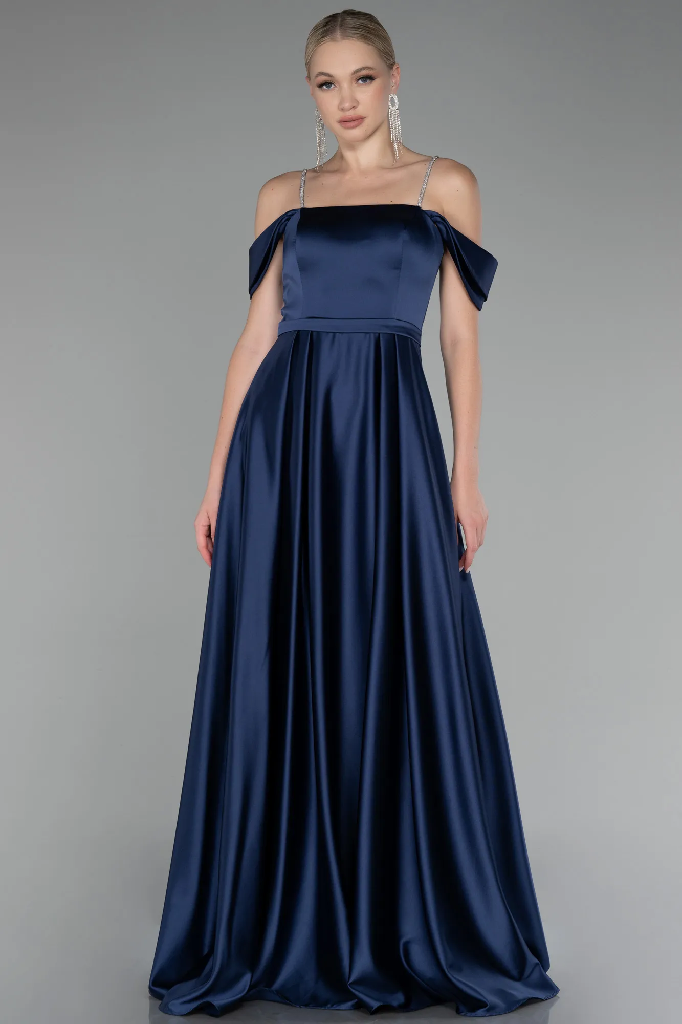 Navy Blue-Boat Neck Long Satin Prom Dress ABU4122