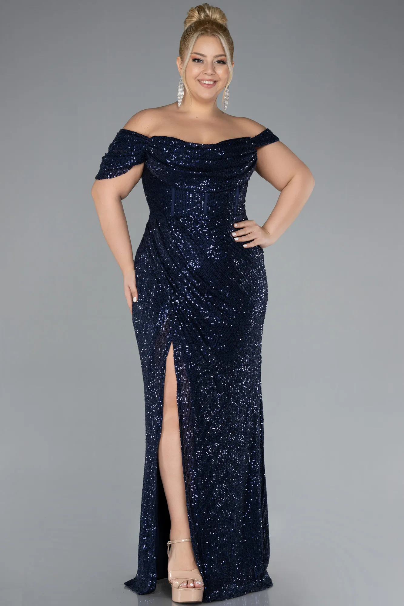 Navy Blue-Boat Neck Long Sequined Evening Gown ABU4315