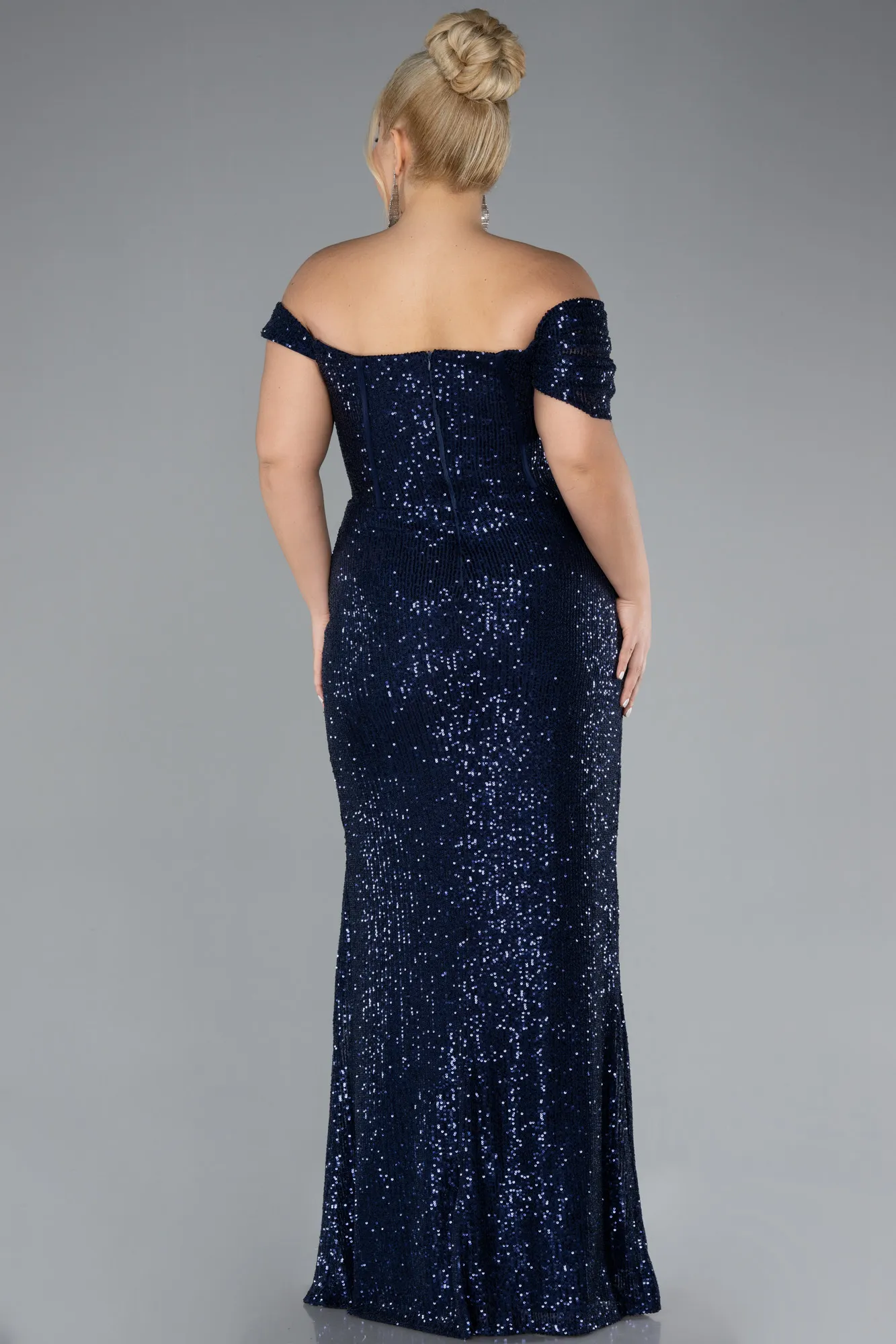 Navy Blue-Boat Neck Long Sequined Evening Gown ABU4315