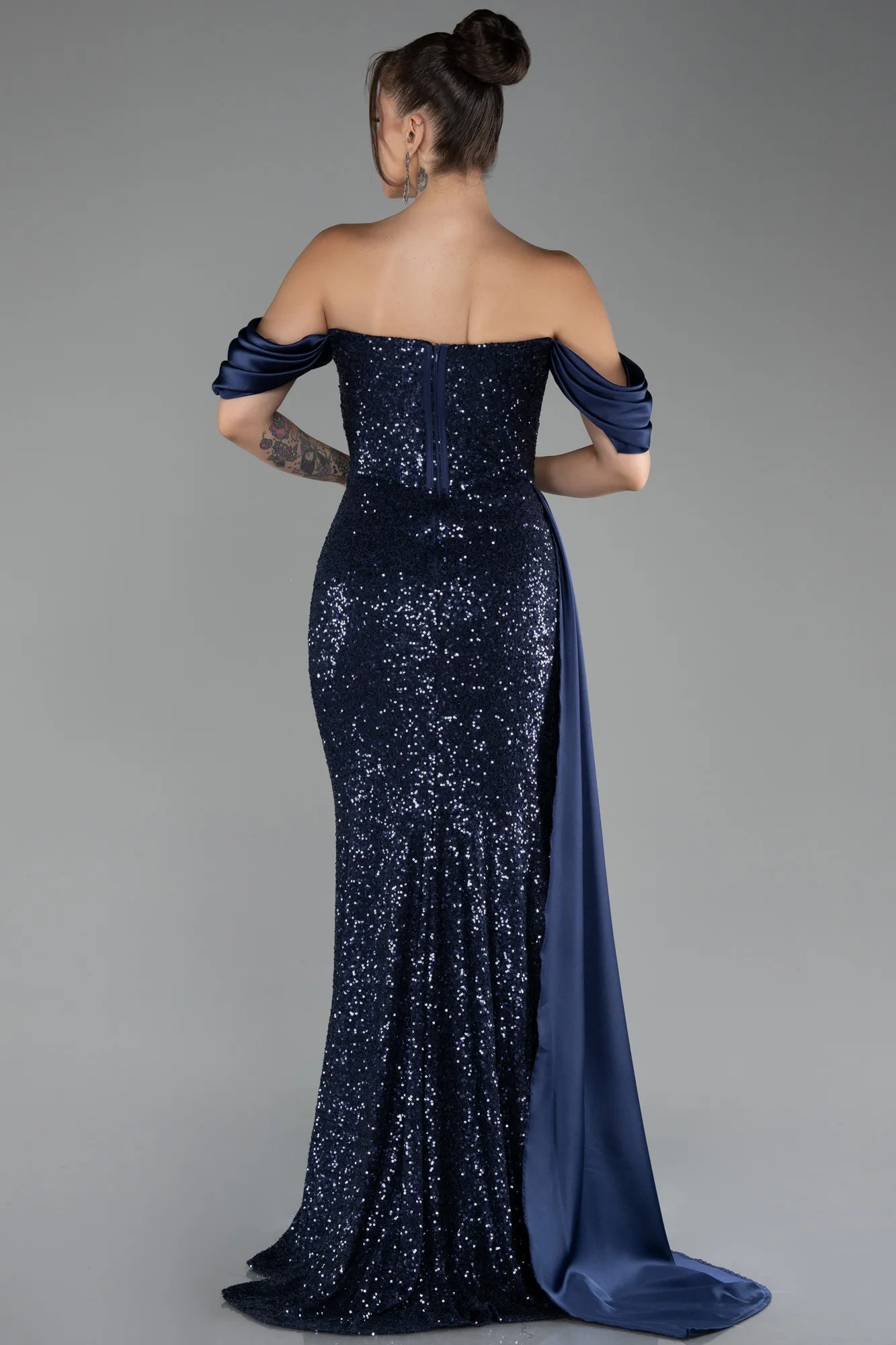 Navy Blue-Boat Neck Long Sequined Plus Size Evening Gown ABU4086