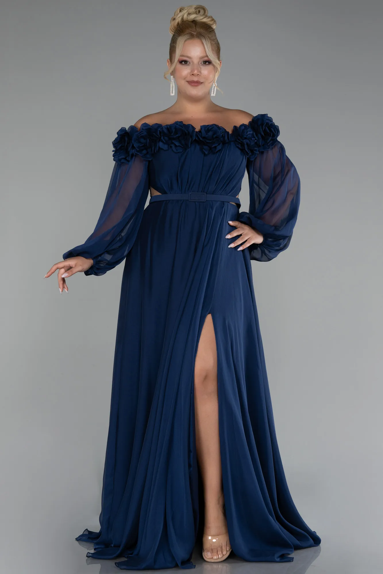 Navy Blue-Boat Neck Long Sleeve Plus Size Chiffon Prom Gown ABU4131