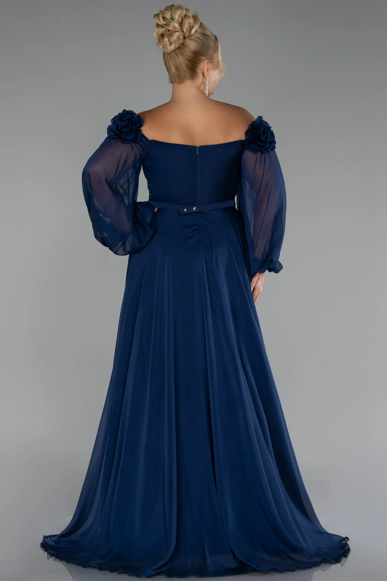 Navy Blue-Boat Neck Long Sleeve Plus Size Chiffon Prom Gown ABU4131