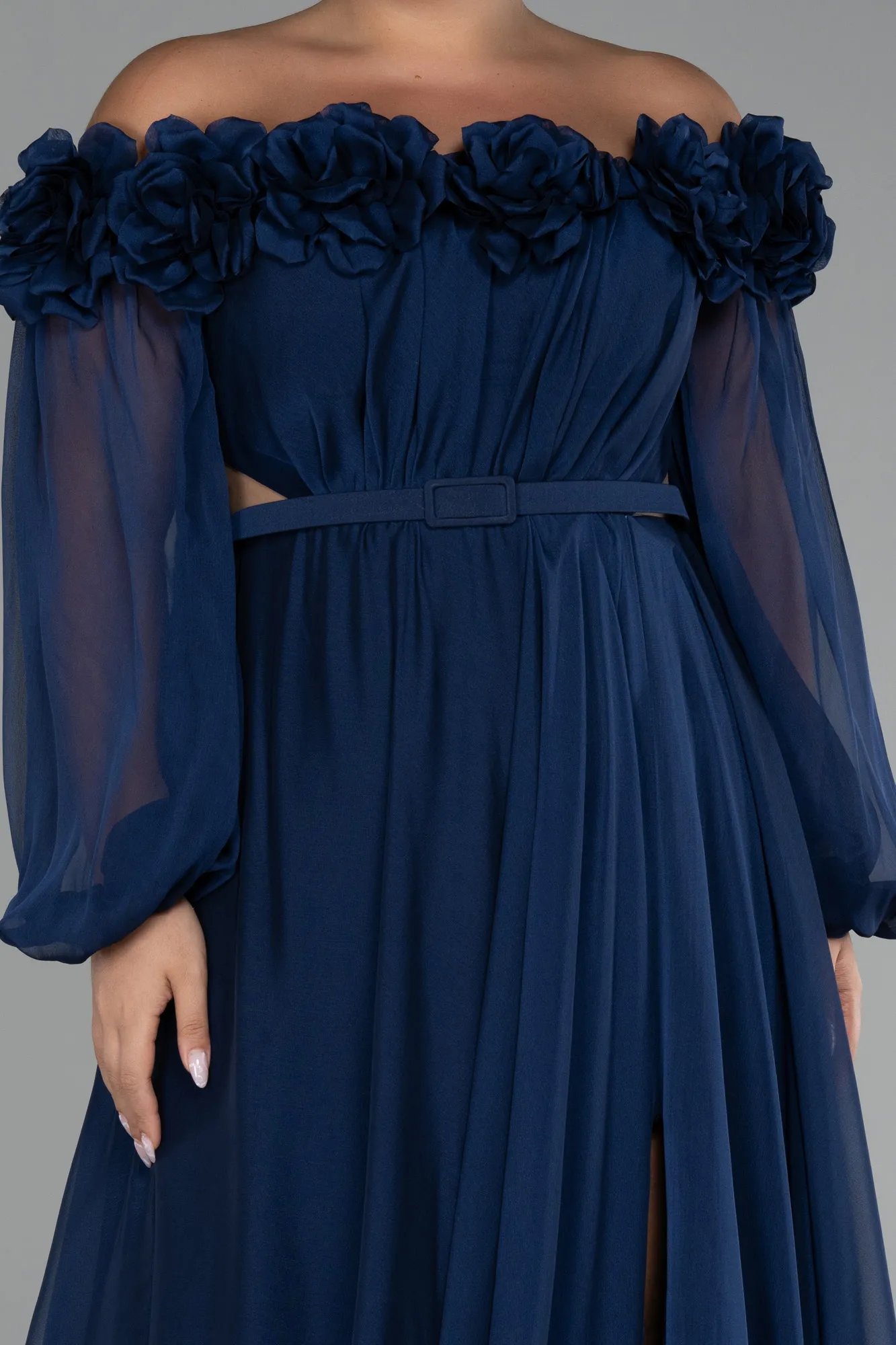 Navy Blue-Boat Neck Long Sleeve Plus Size Chiffon Prom Gown ABU4131