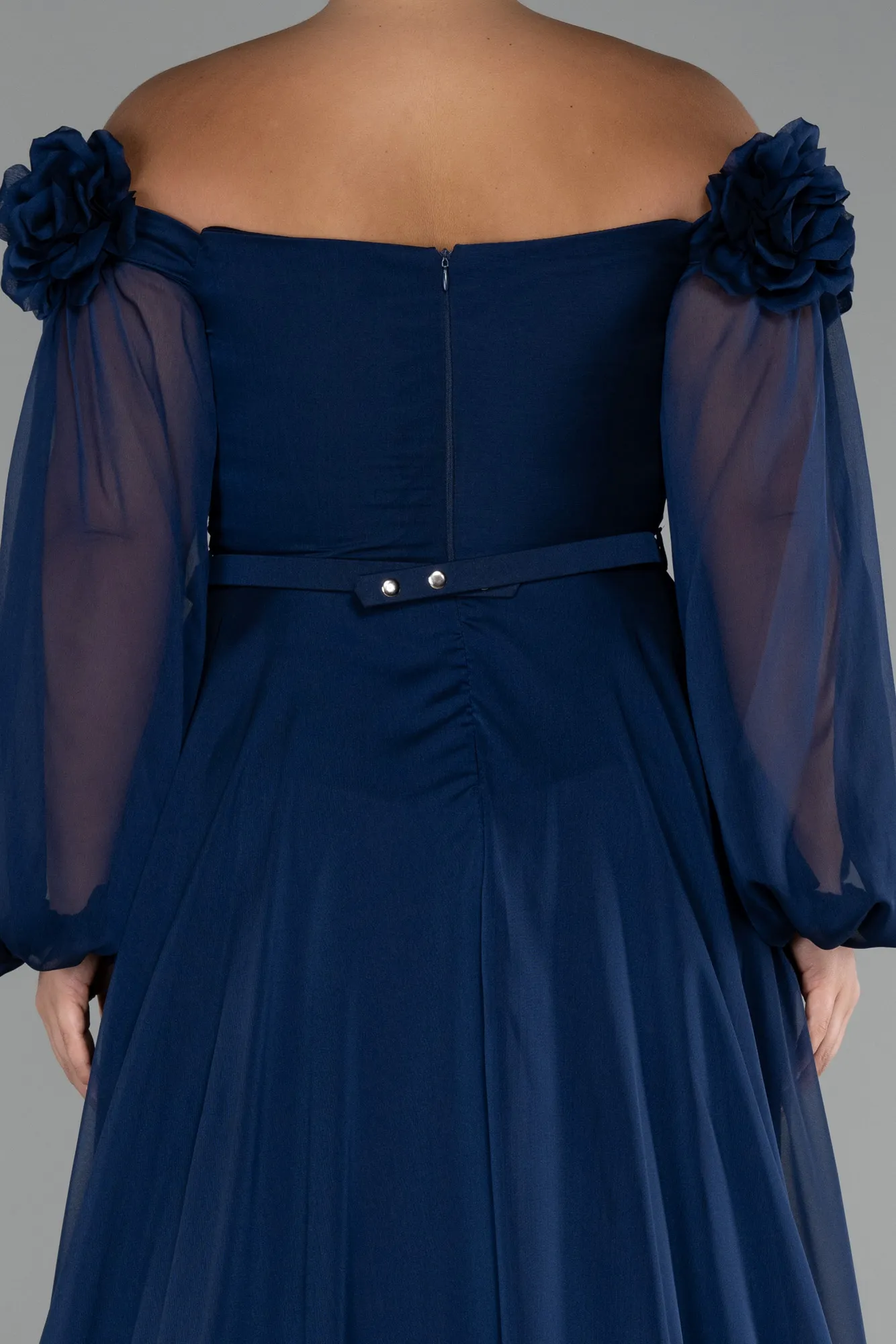 Navy Blue-Boat Neck Long Sleeve Plus Size Chiffon Prom Gown ABU4131