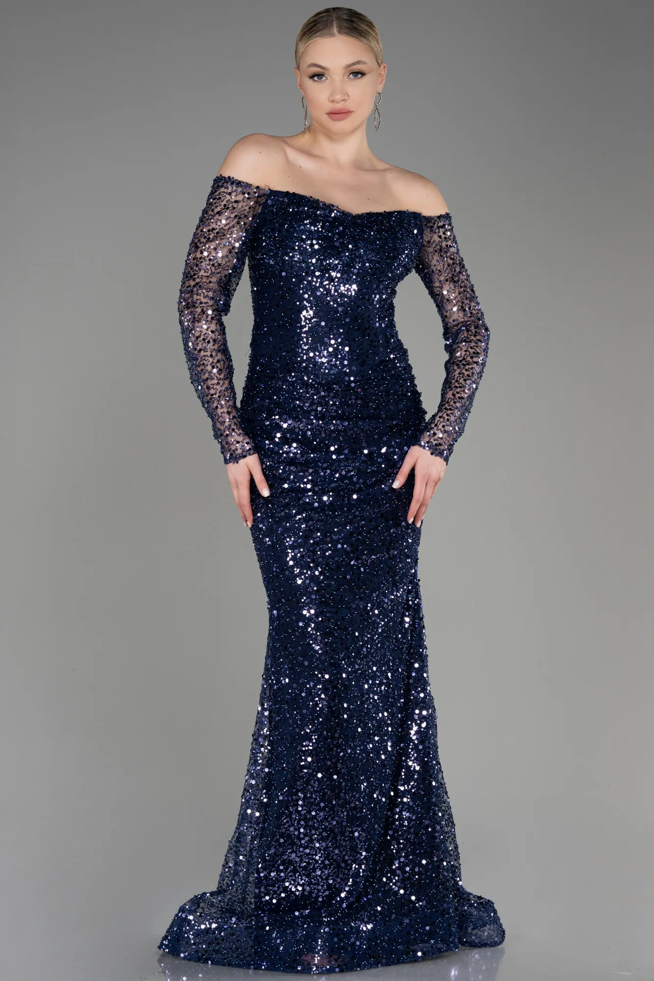 Navy Blue-Boat Neck Long Sleeve Sequined Evening Dress ABU3879