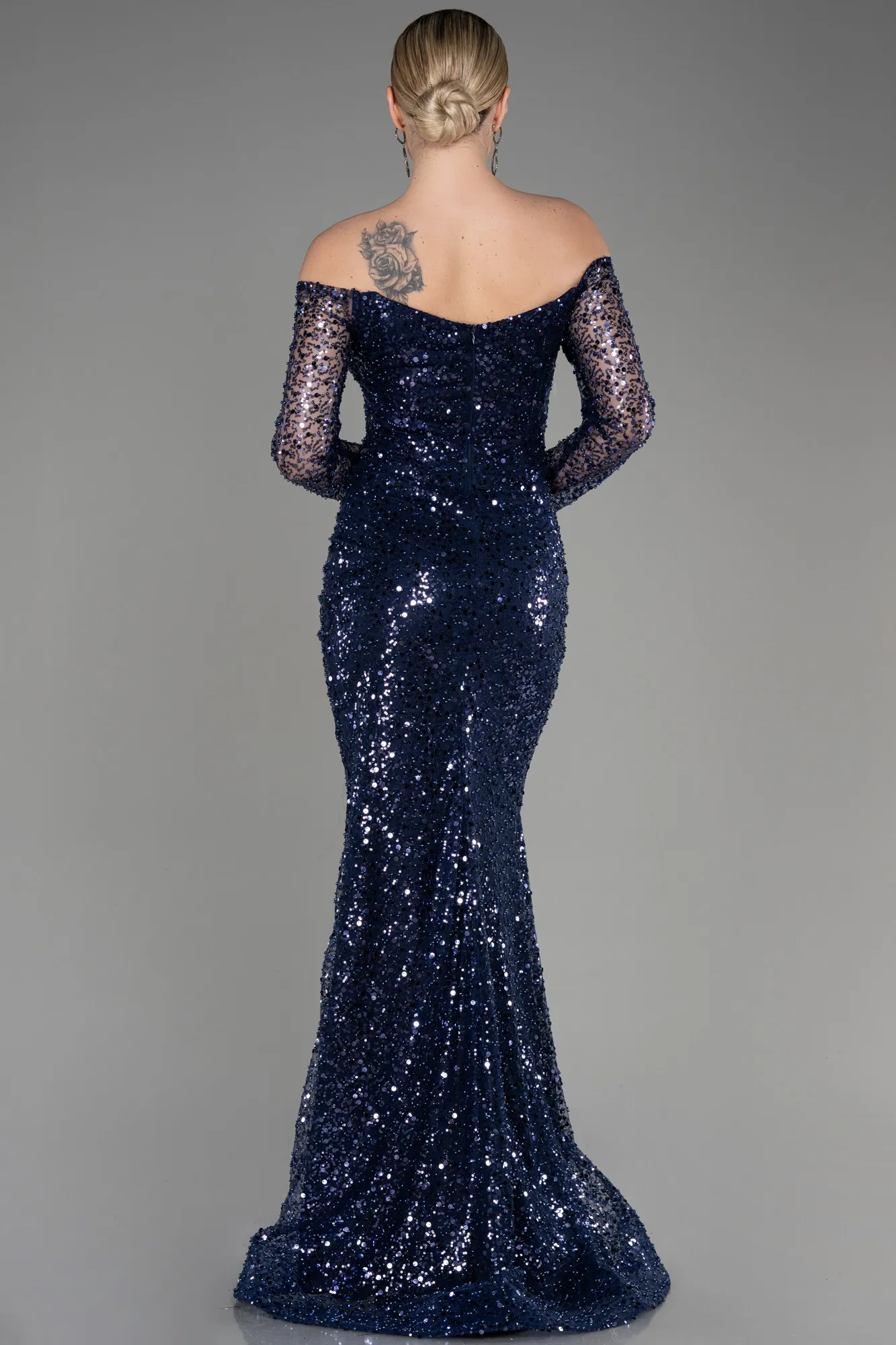 Navy Blue-Boat Neck Long Sleeve Sequined Evening Dress ABU3879