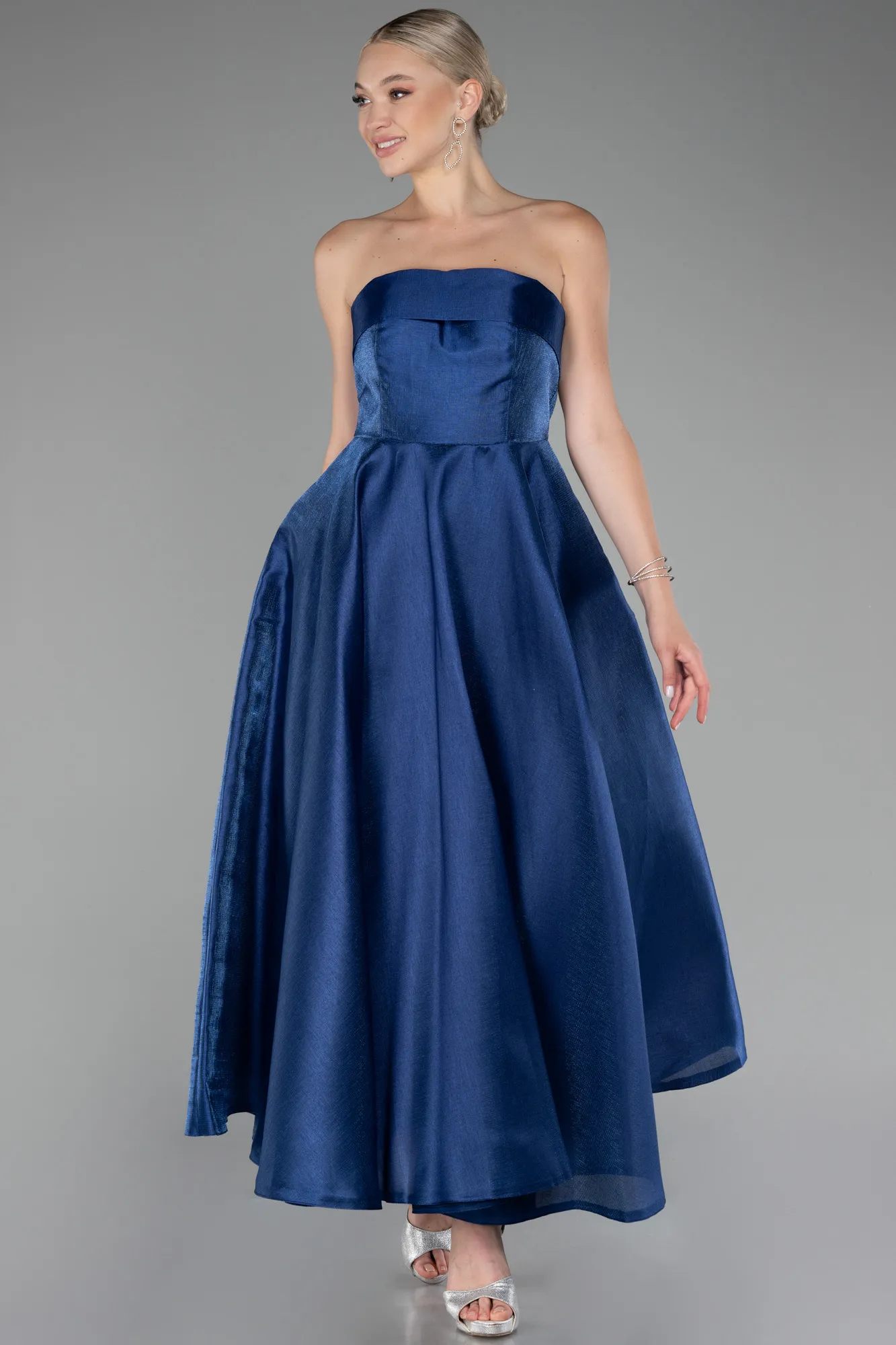 Navy Blue-Boat Neck Midi Taffeta Prom Dress ABU4049