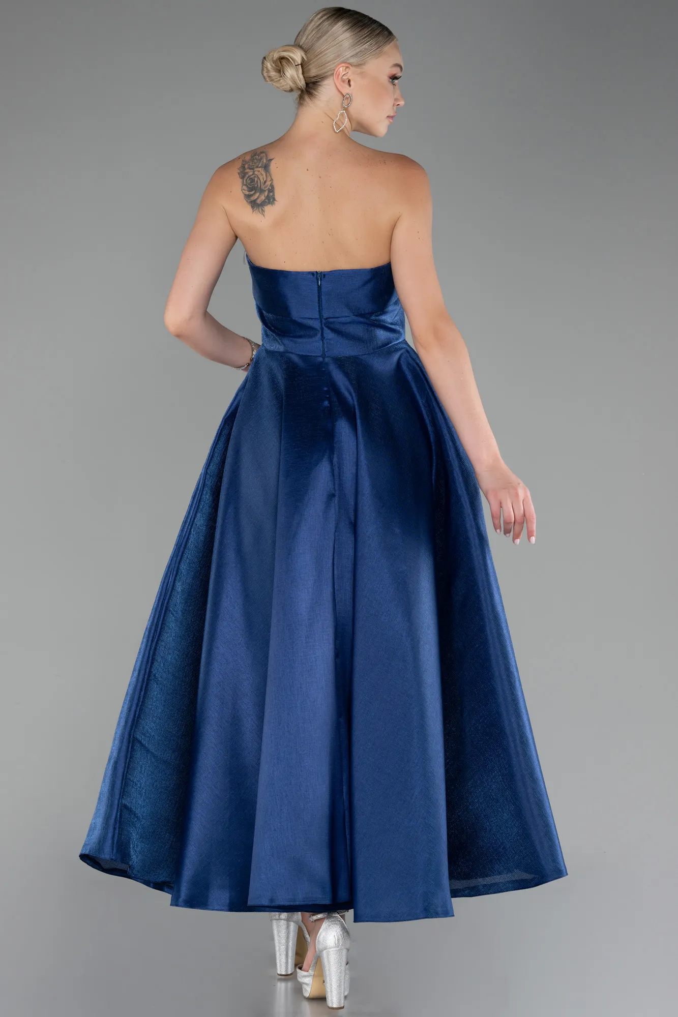 Navy Blue-Boat Neck Midi Taffeta Prom Dress ABU4049