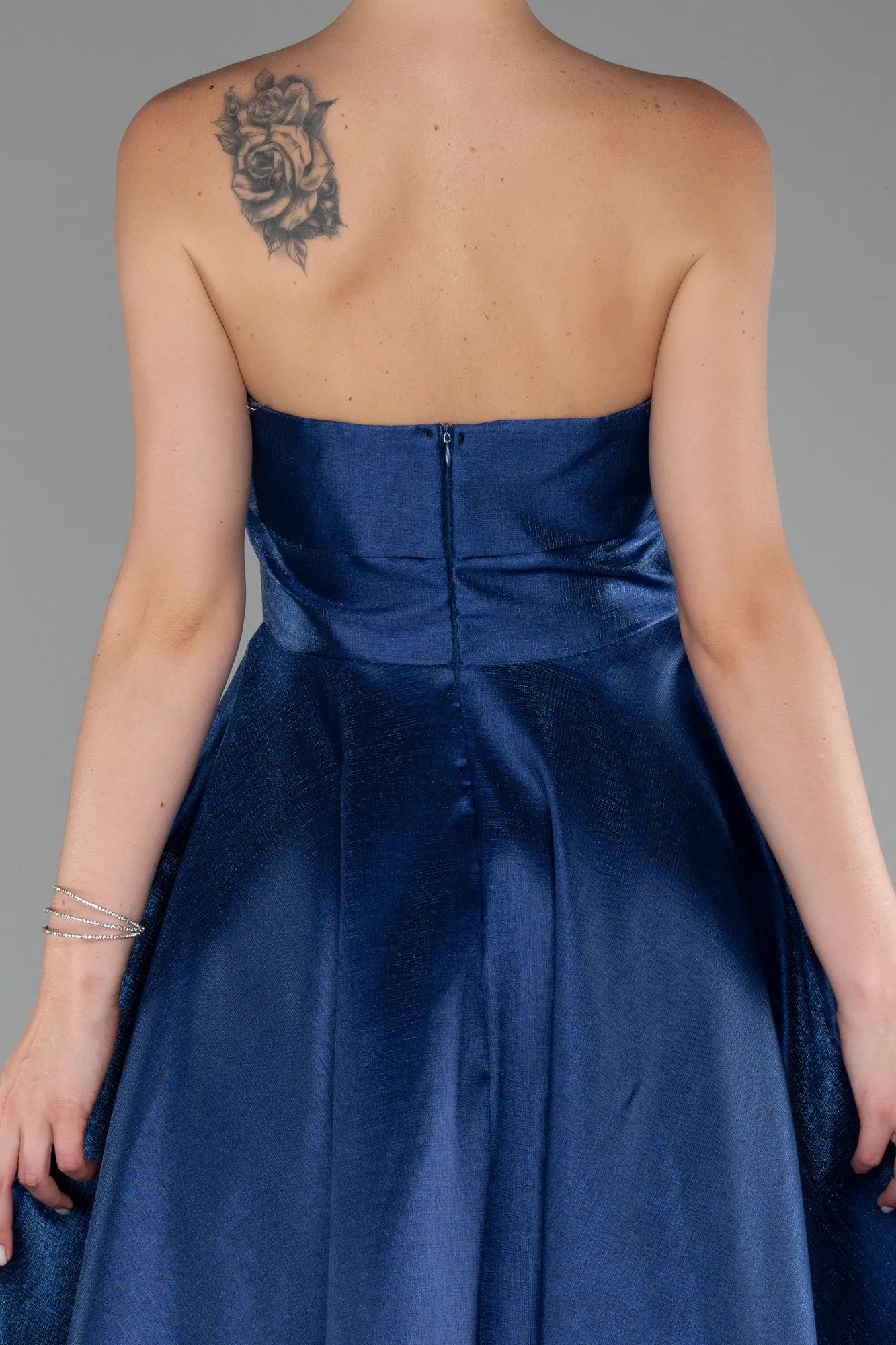 Navy Blue-Boat Neck Midi Taffeta Prom Dress ABU4049