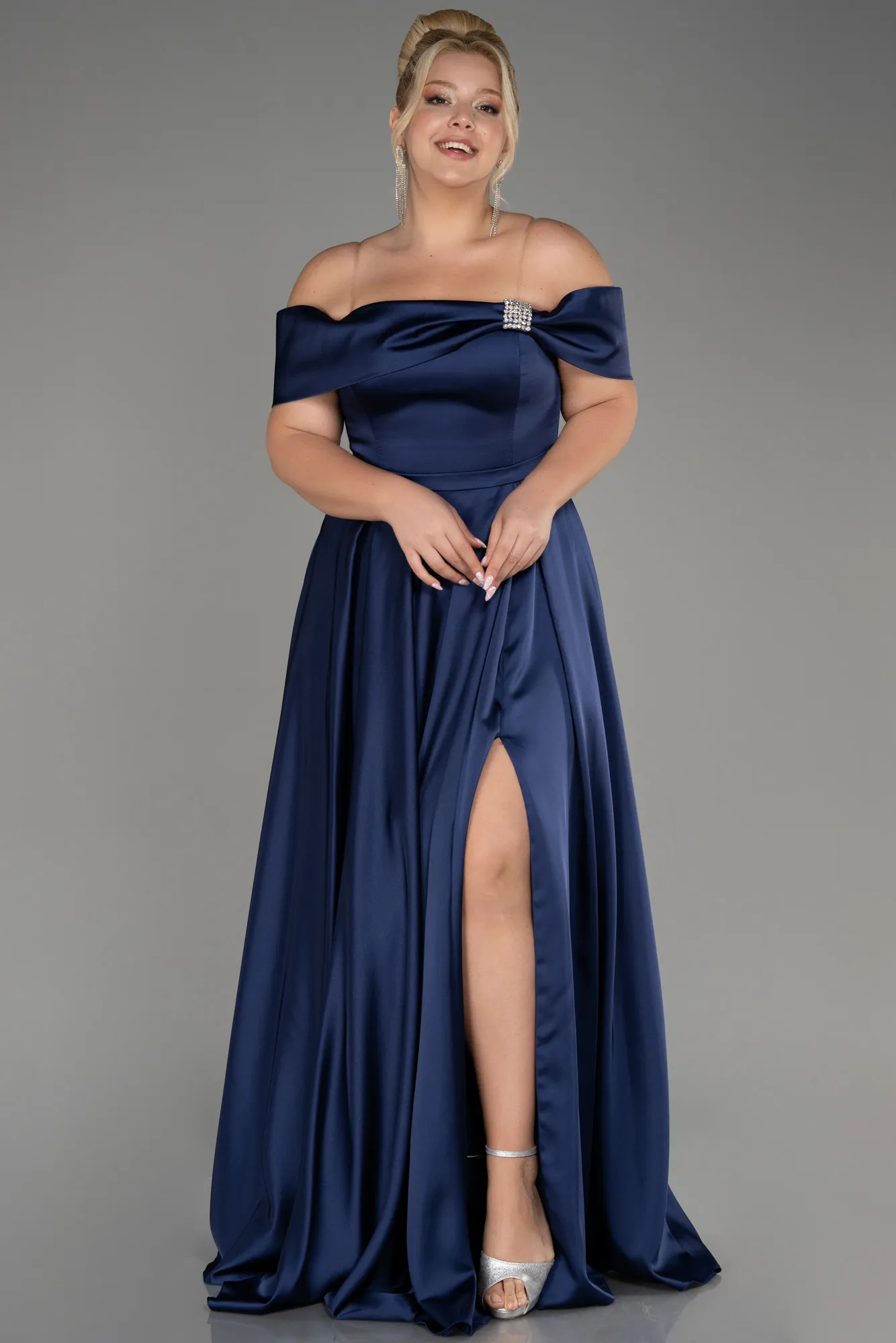 Navy Blue-Boat Neck Satin Plus Size Evening Dress ABU4054