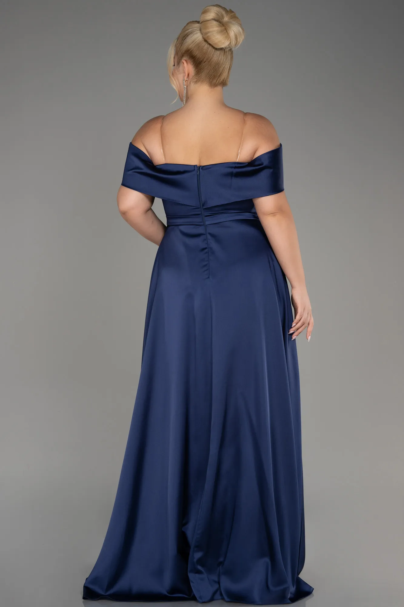 Navy Blue-Boat Neck Satin Plus Size Evening Dress ABU4054