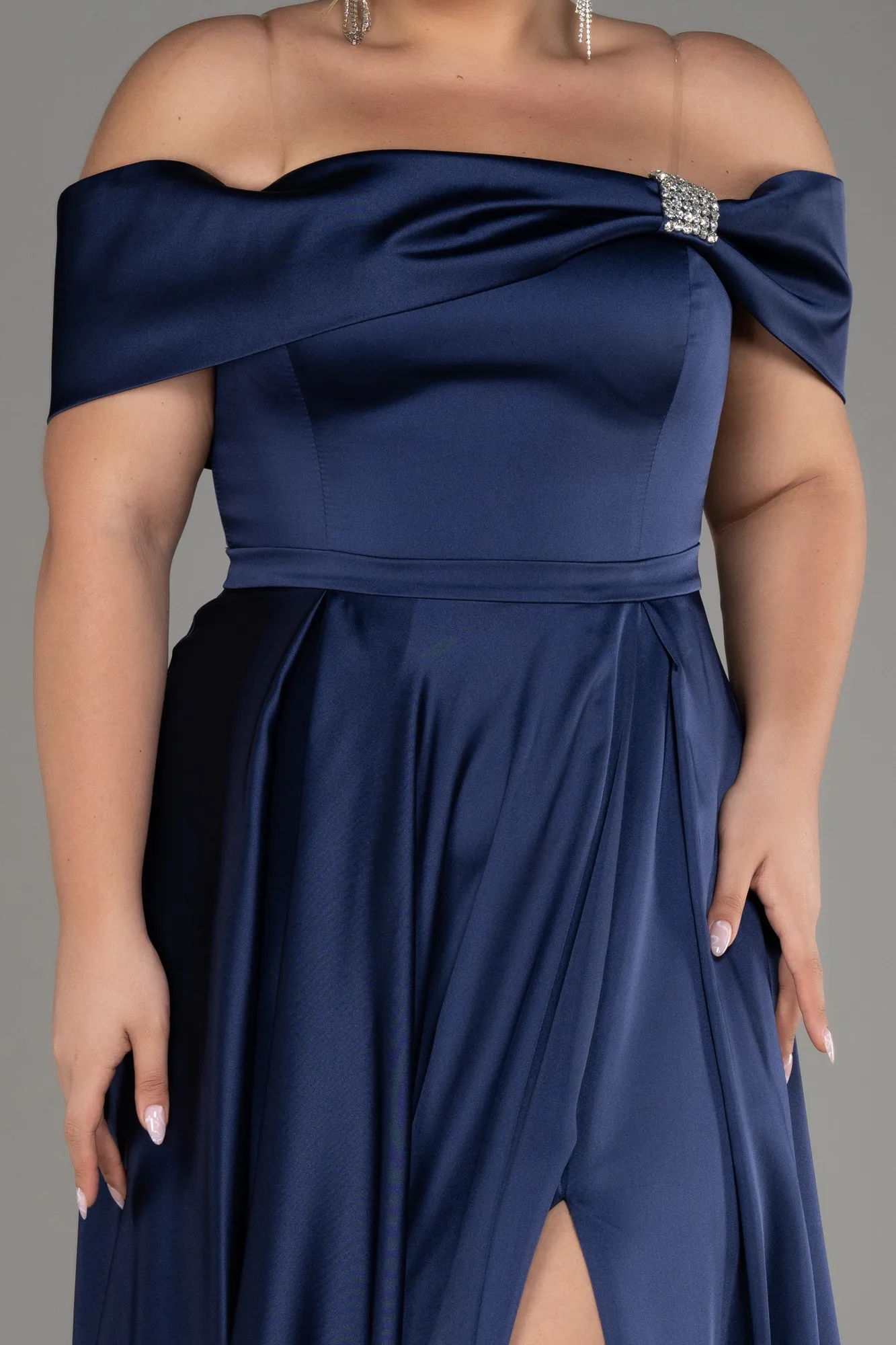 Navy Blue-Boat Neck Satin Plus Size Evening Dress ABU4054