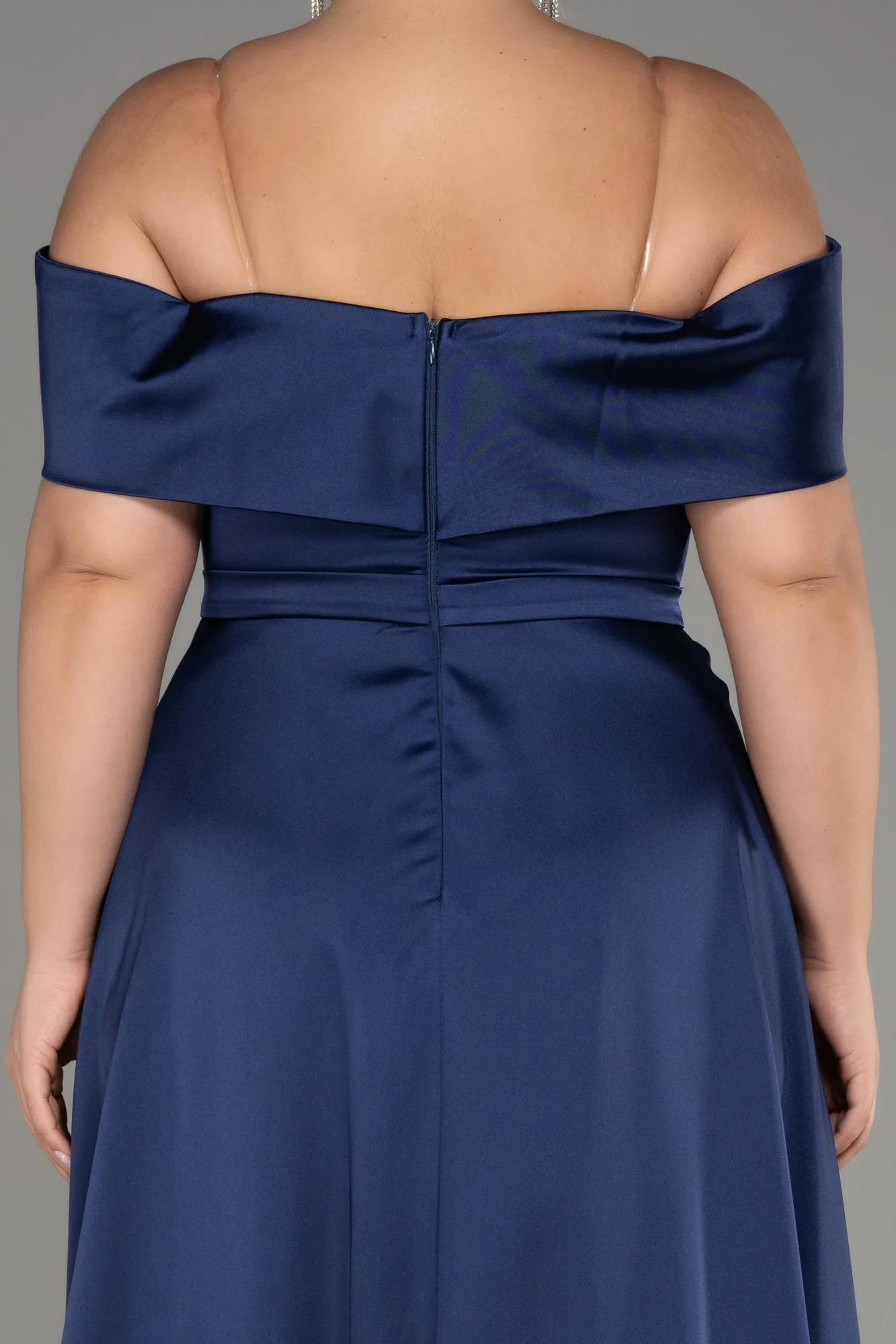 Navy Blue-Boat Neck Satin Plus Size Evening Dress ABU4054