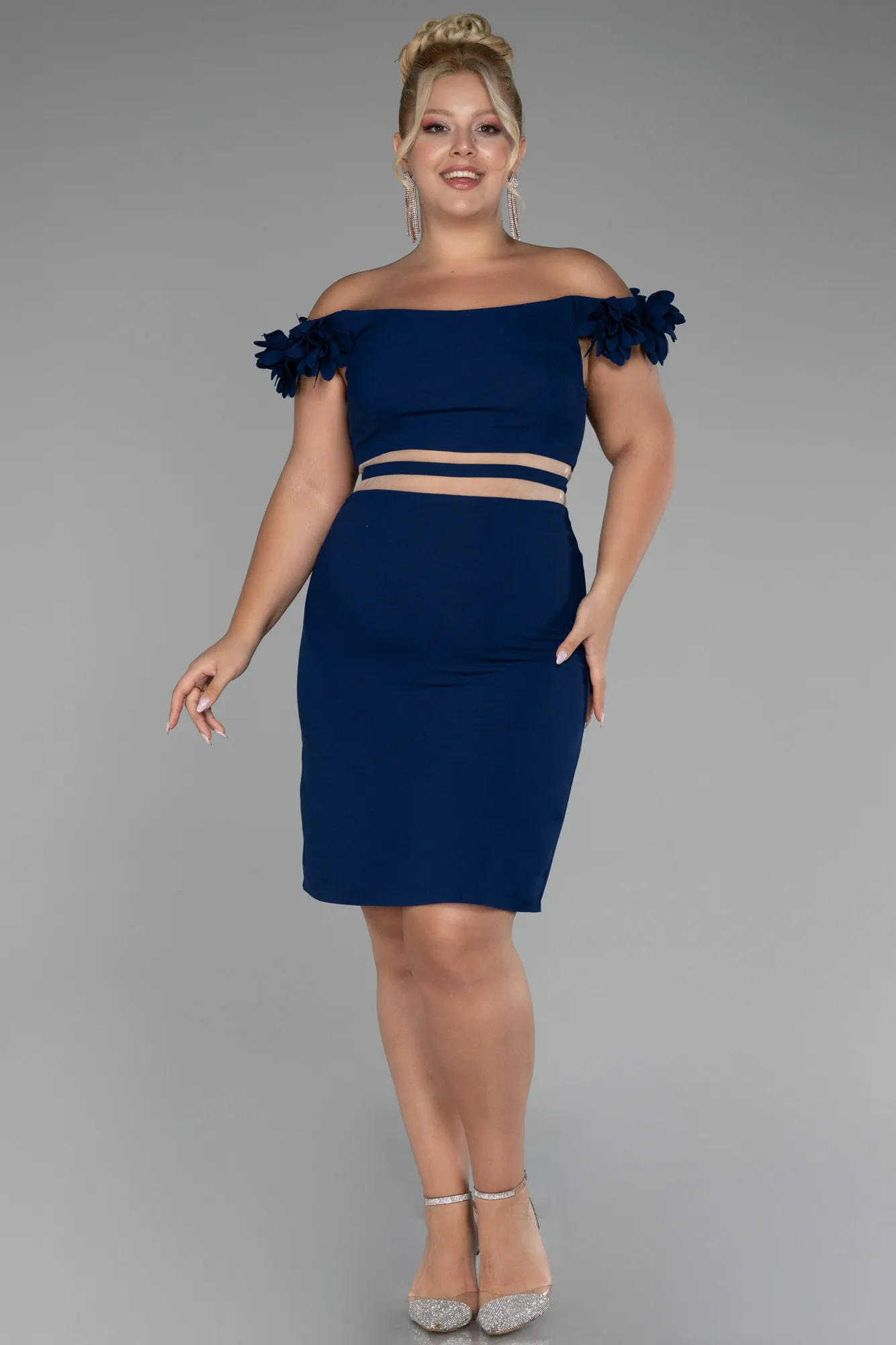 Navy Blue-Boat Neck Short Plus Size Cocktail Dress ABK2121