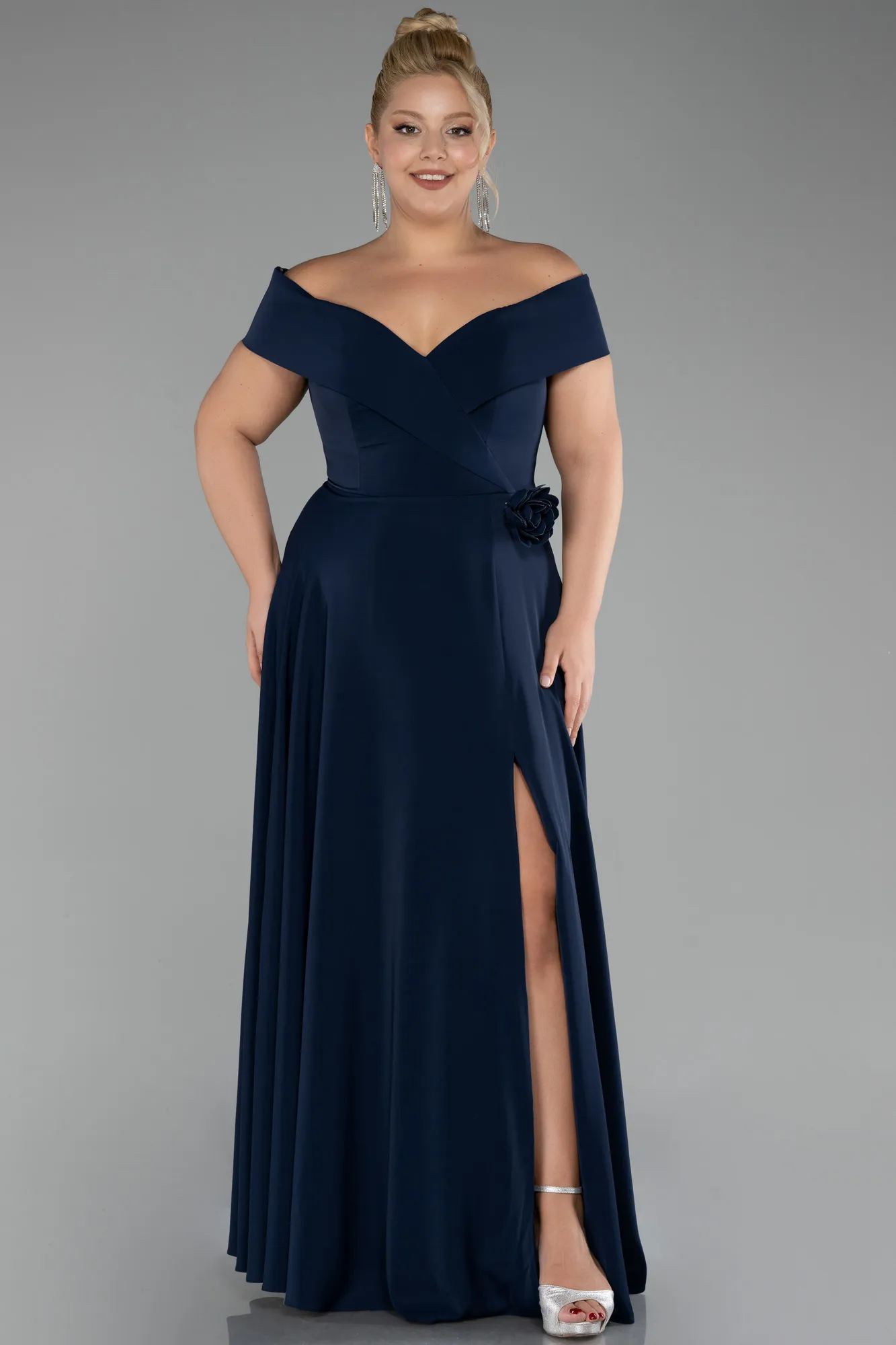 Navy Blue-Boat Neck Slit Long Chiffon Plus Size Prom Dress ABU4234