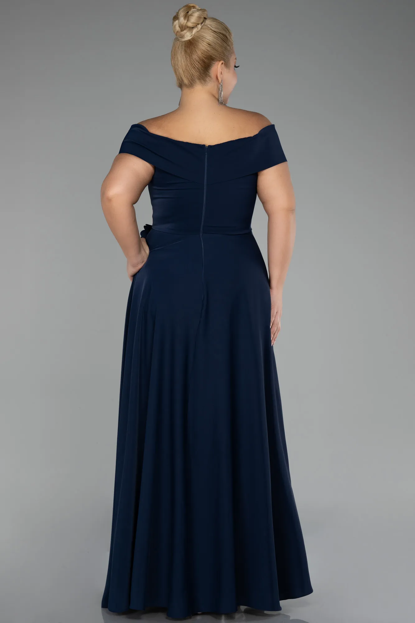 Navy Blue-Boat Neck Slit Long Chiffon Plus Size Prom Dress ABU4234