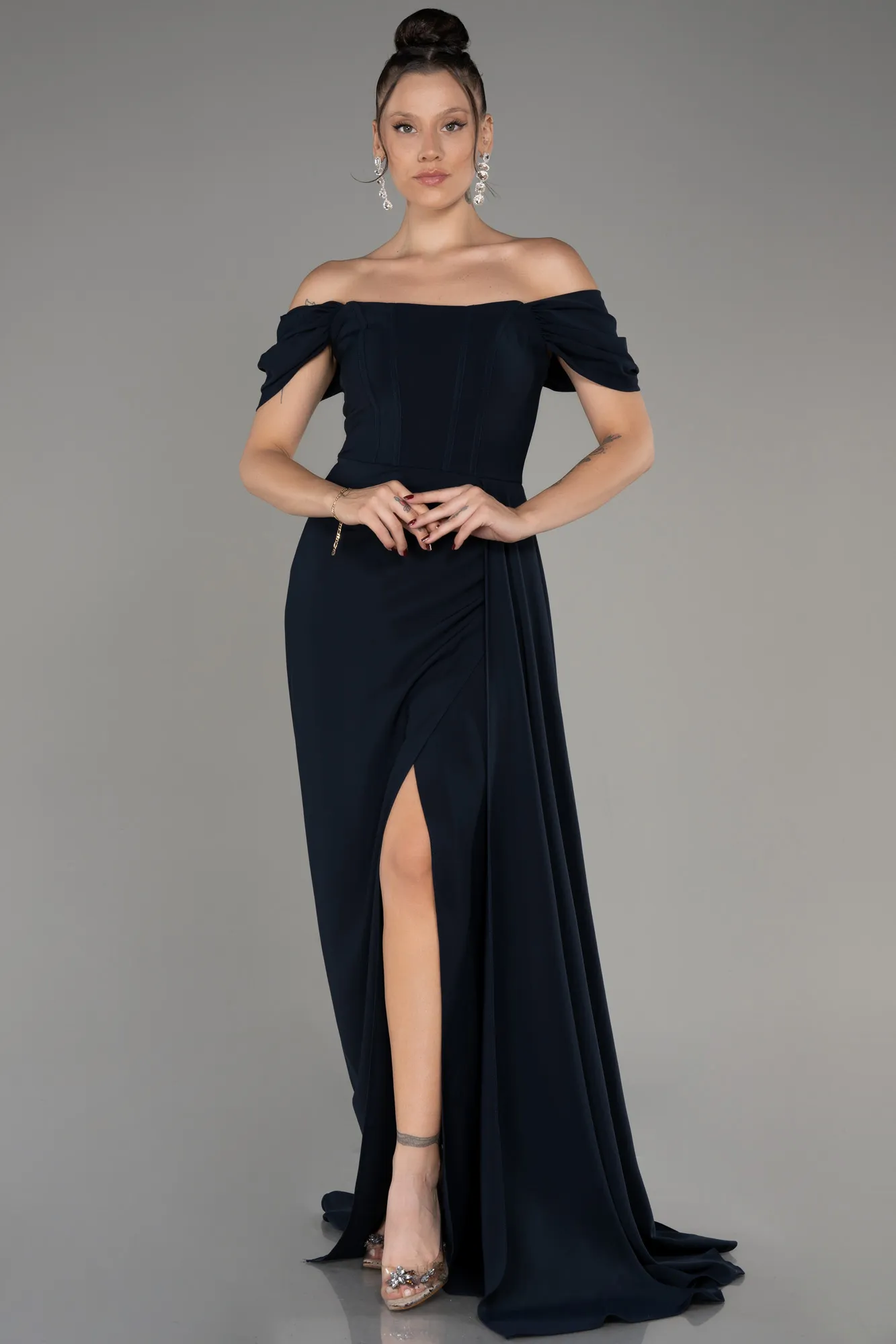 Navy Blue-Boat Neck Slit Long Evening Dress ABU4048