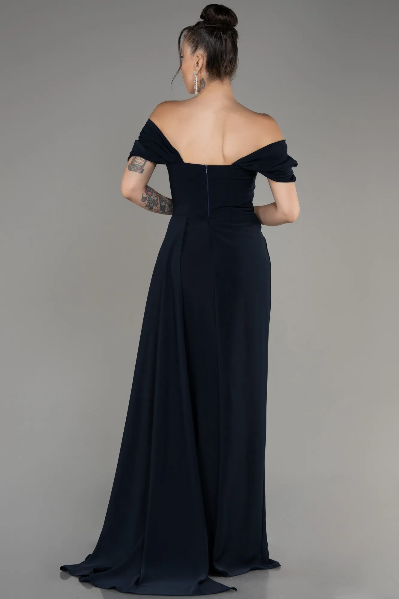 Navy Blue-Boat Neck Slit Long Evening Dress ABU4048