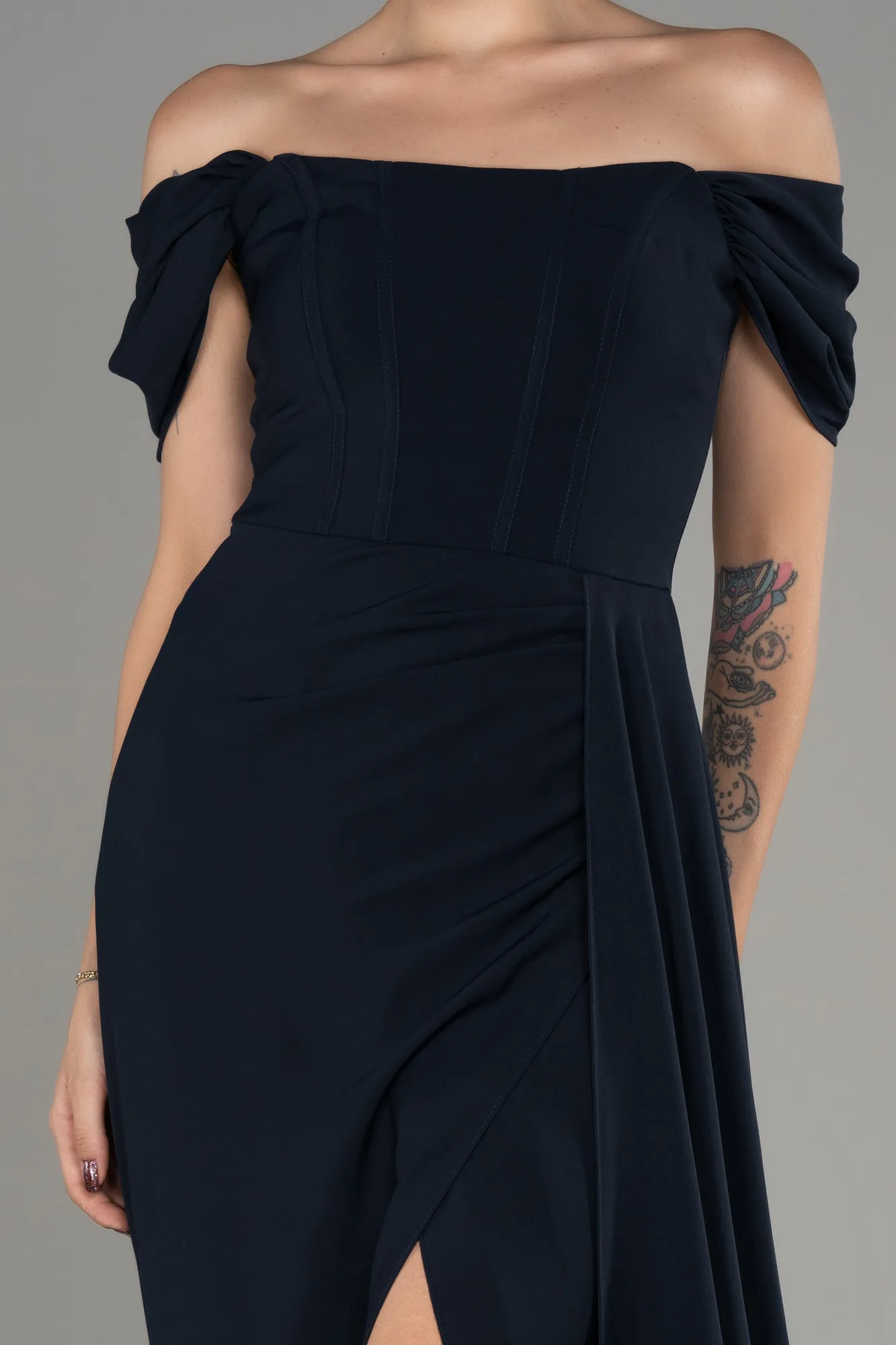 Navy Blue-Boat Neck Slit Long Evening Dress ABU4048