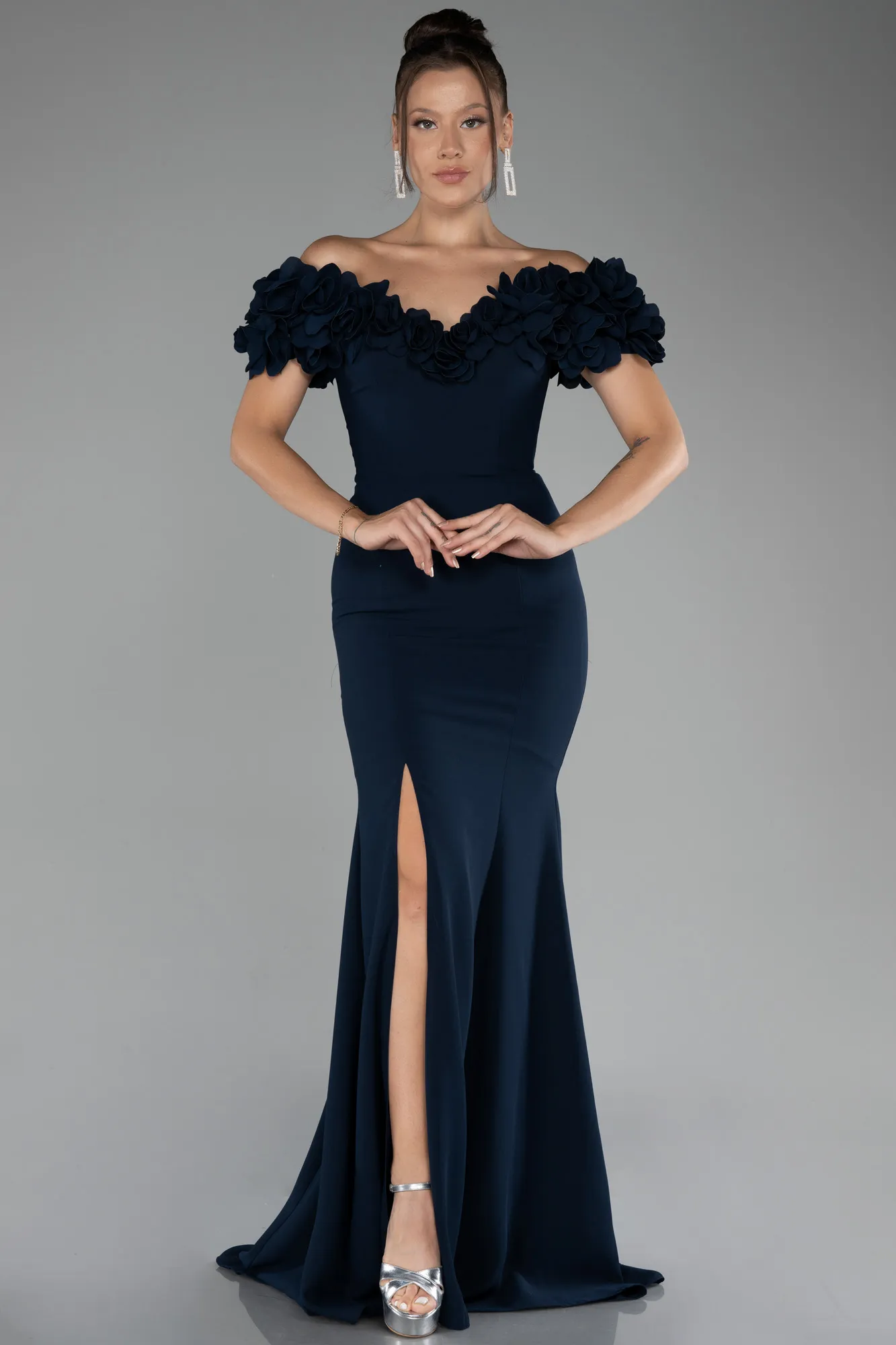 Navy Blue-Boat Neck Slit Long Evening Dress ABU4080