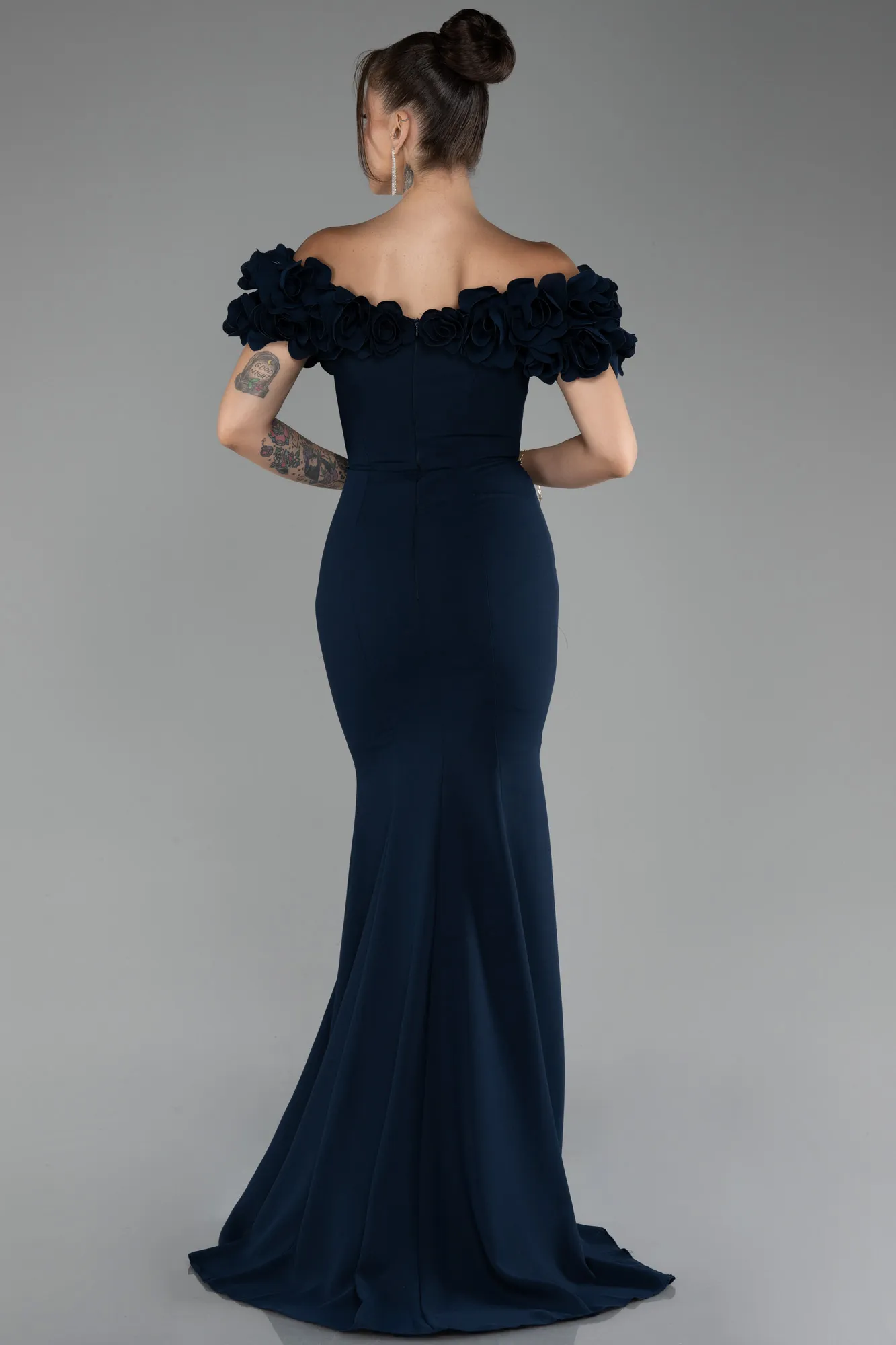 Navy Blue-Boat Neck Slit Long Evening Dress ABU4080