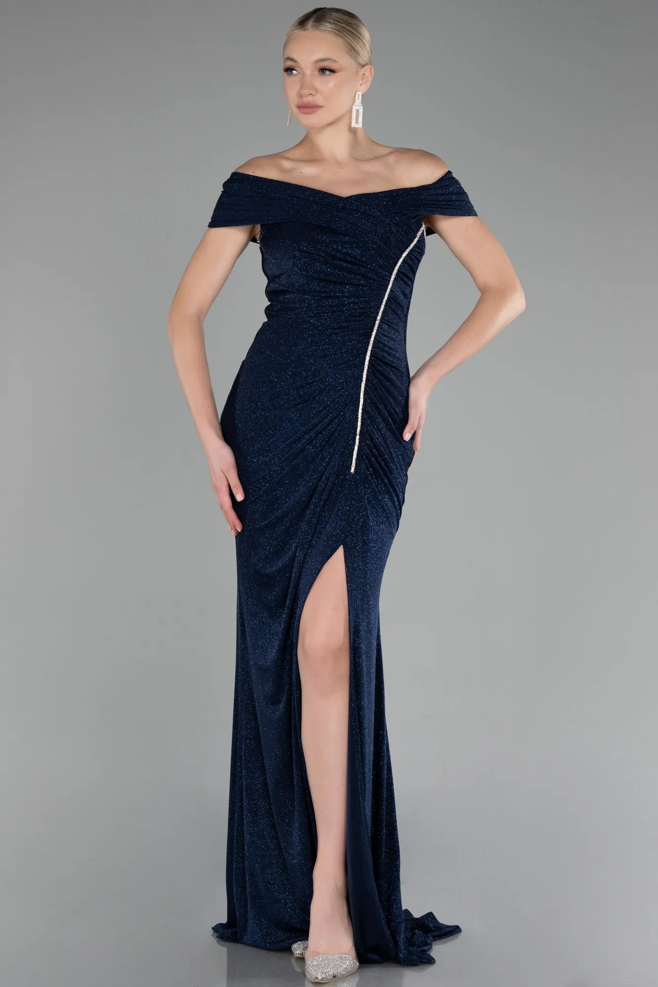 Navy Blue-Boat Neck Slit Long Glitter Evening Dress ABU4171