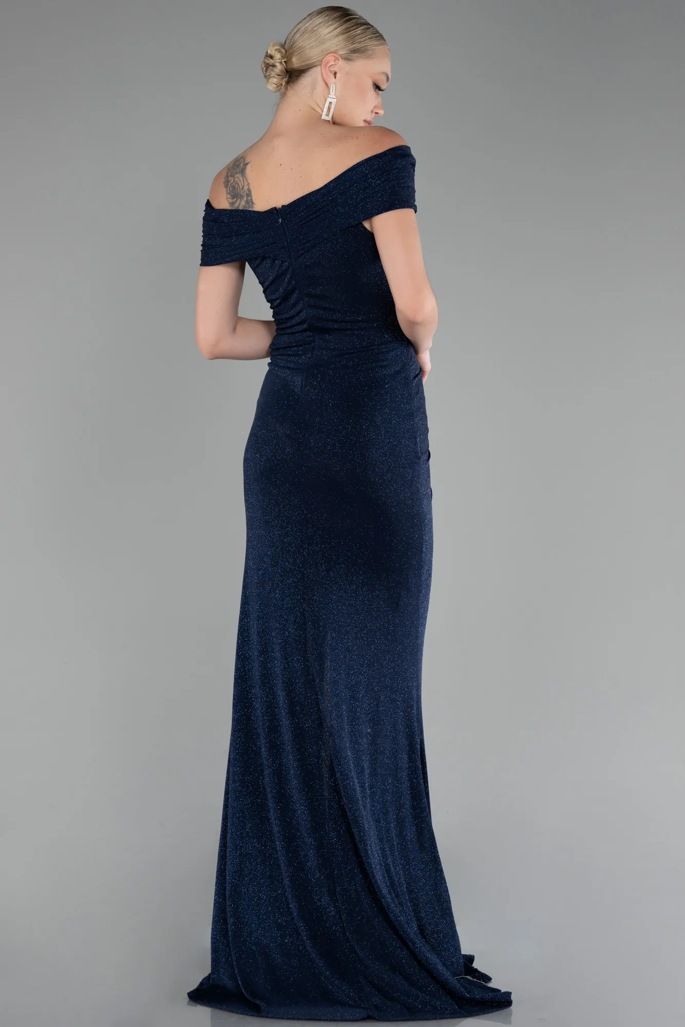 Navy Blue-Boat Neck Slit Long Glitter Evening Dress ABU4171