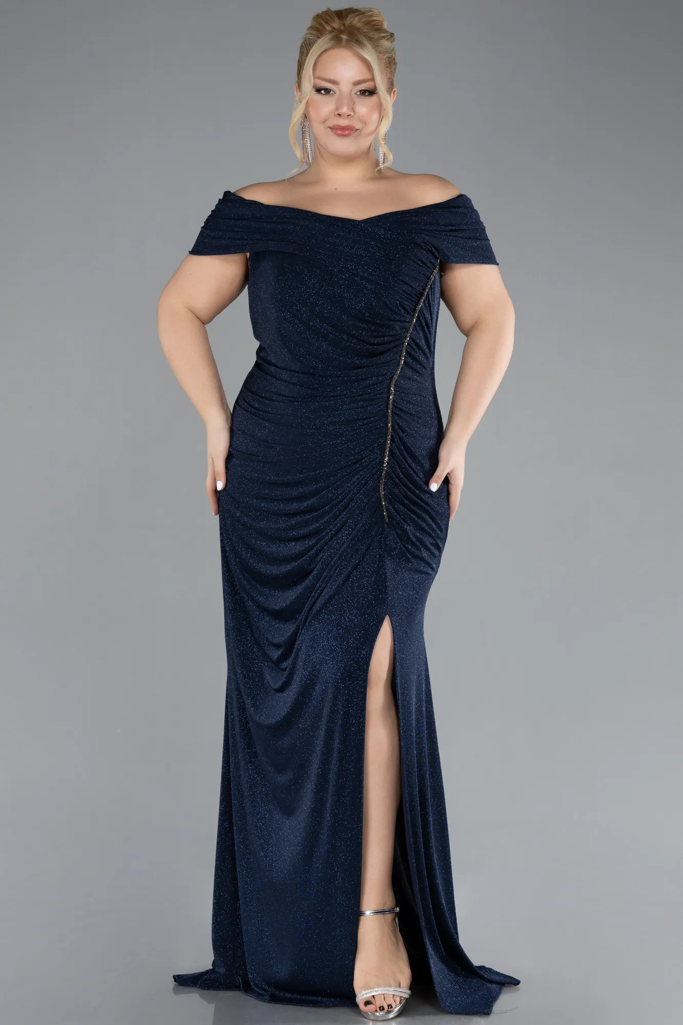 Navy Blue-Boat Neck Slit Long Glitter Plus Size Evening Dress ABU4318