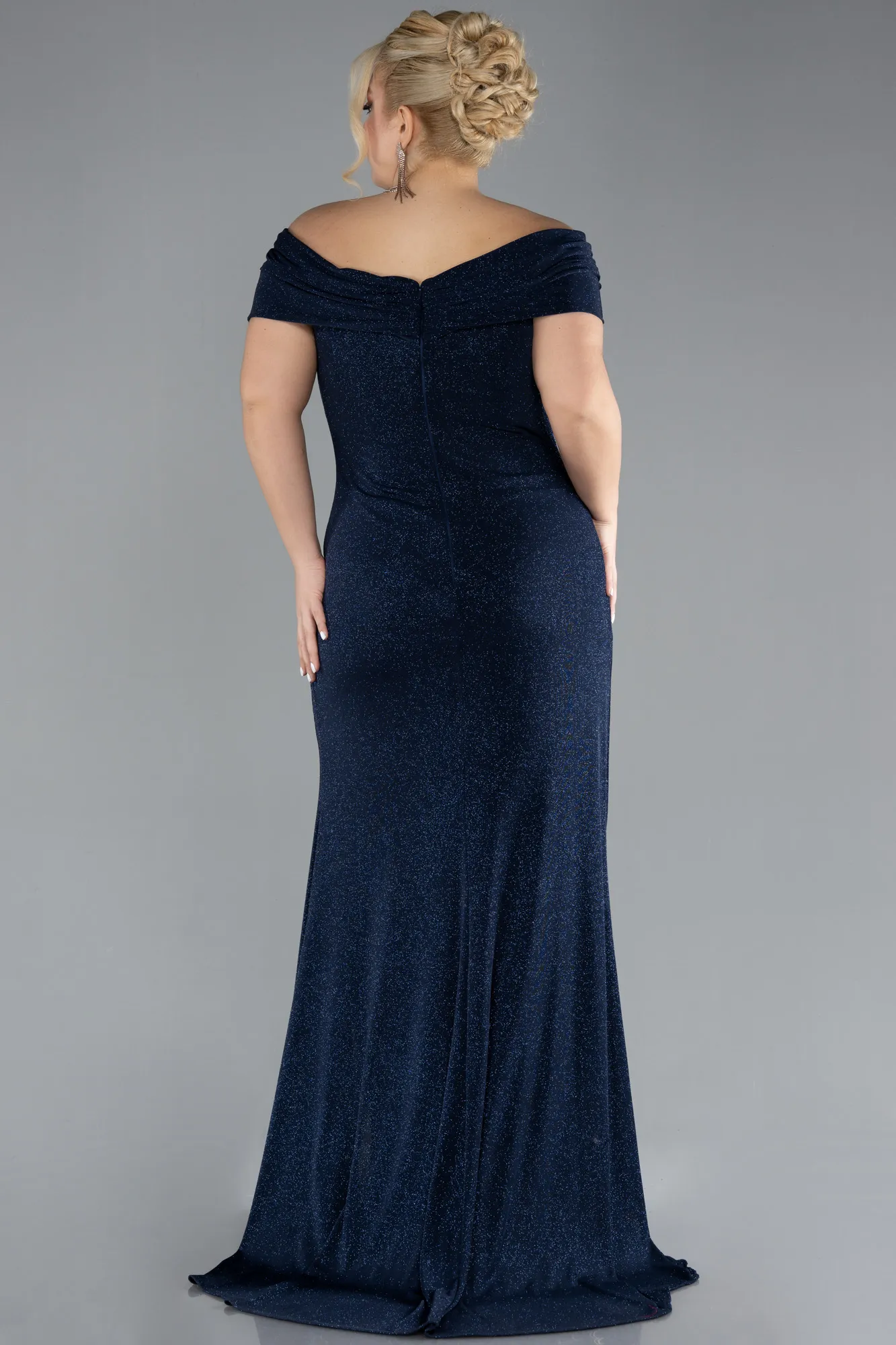 Navy Blue-Boat Neck Slit Long Glitter Plus Size Evening Dress ABU4318