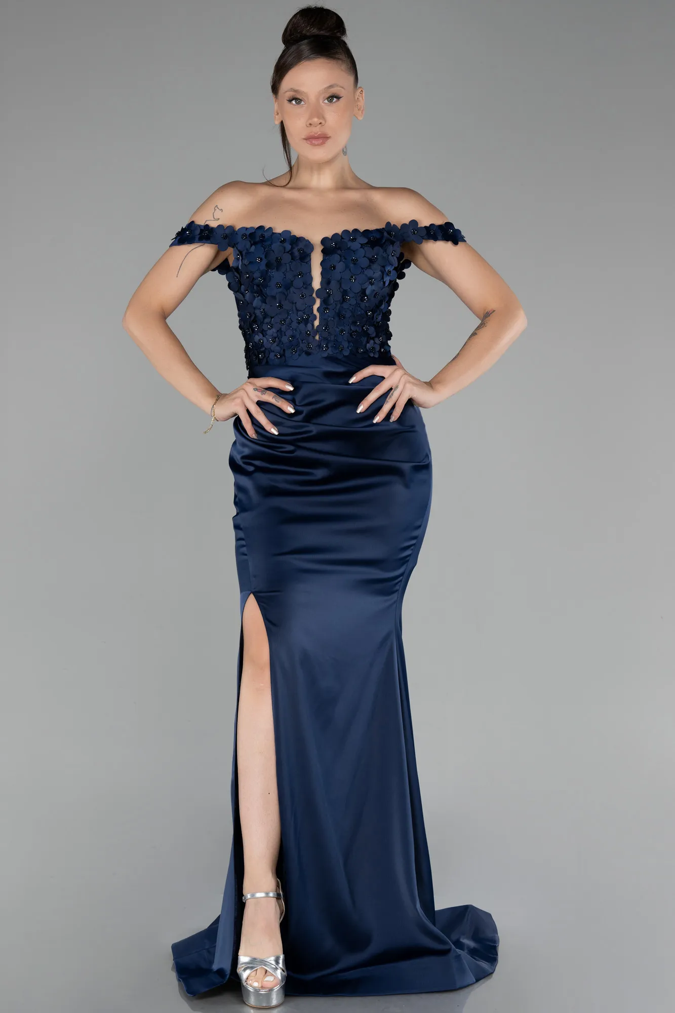 Navy Blue-Boat Neck Slit Long Prom Gown ABU4264