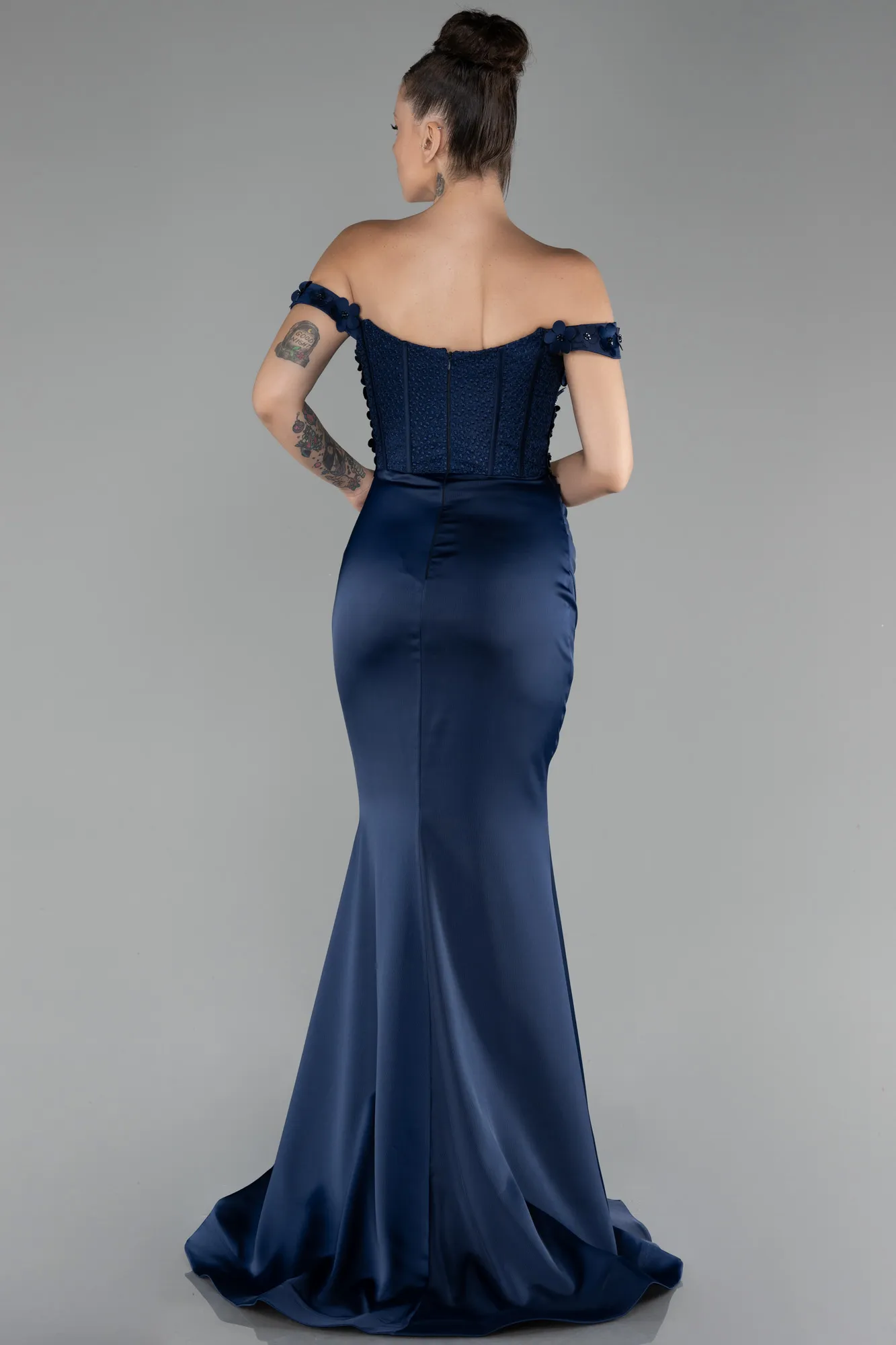 Navy Blue-Boat Neck Slit Long Prom Gown ABU4264