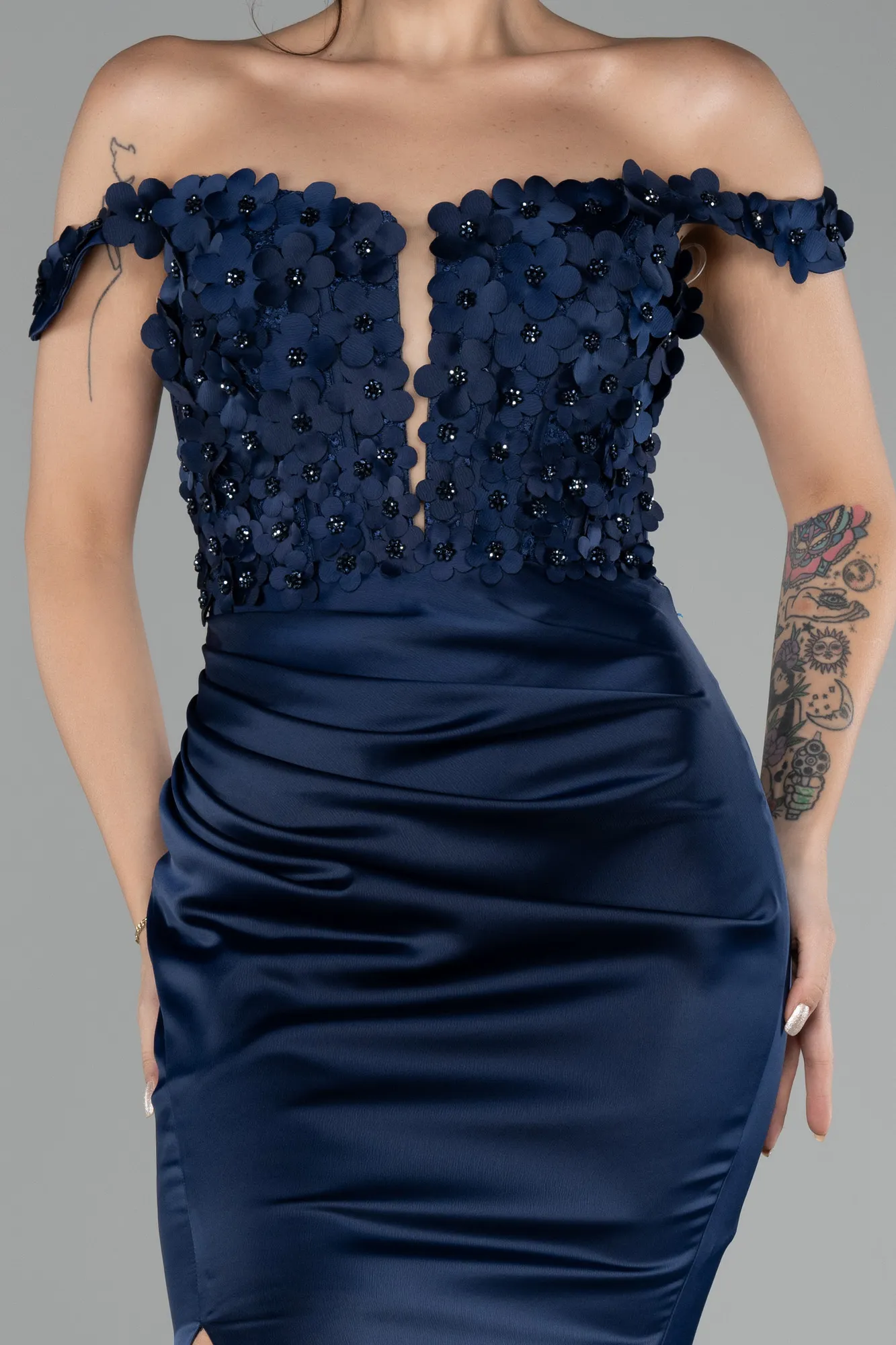 Navy Blue-Boat Neck Slit Long Prom Gown ABU4264