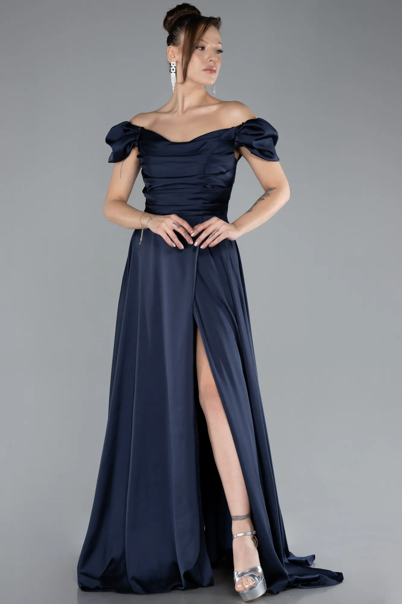 Navy Blue-Boat Neck Slit Long Satin Prom Gown ABU4508