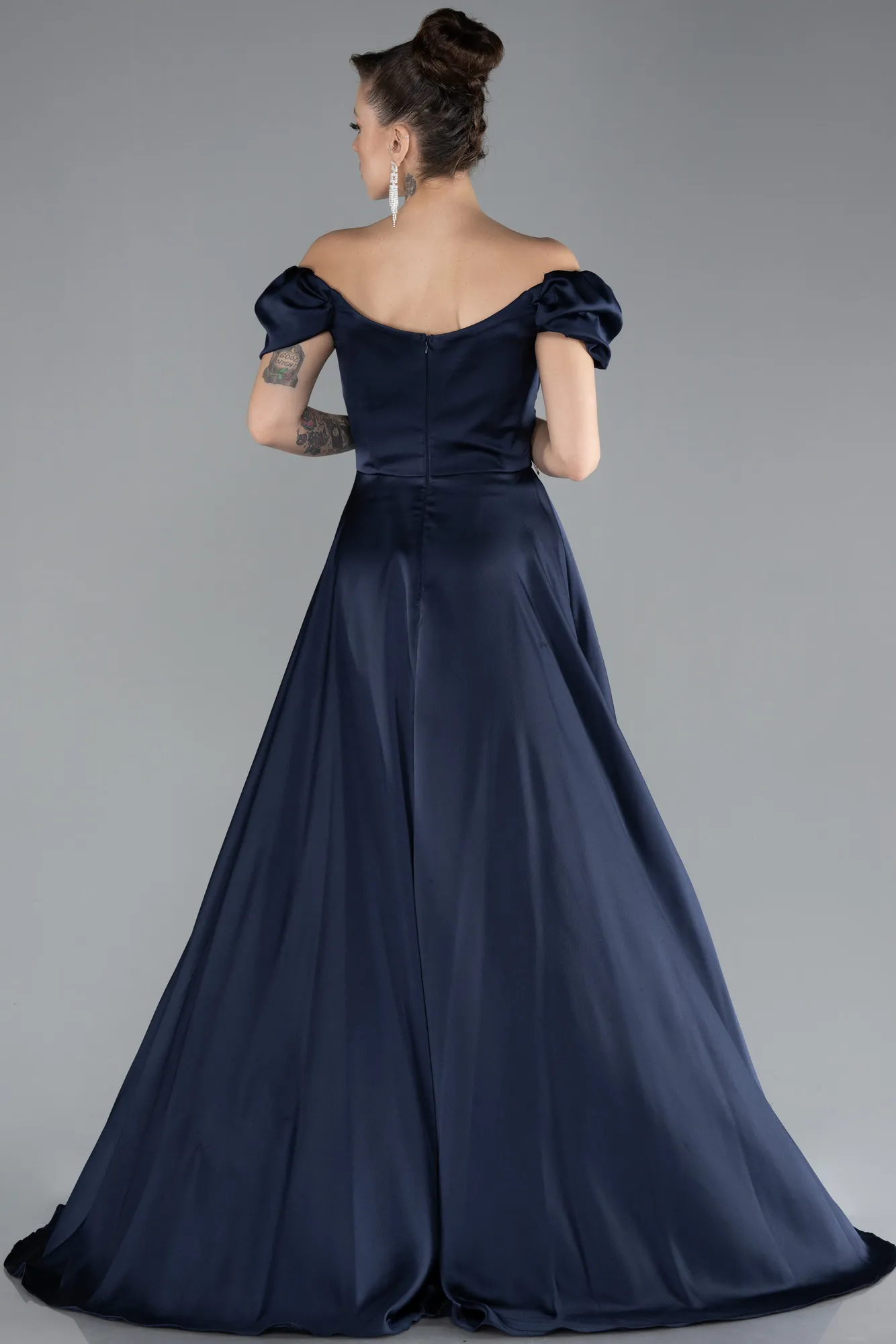 Navy Blue-Boat Neck Slit Long Satin Prom Gown ABU4508