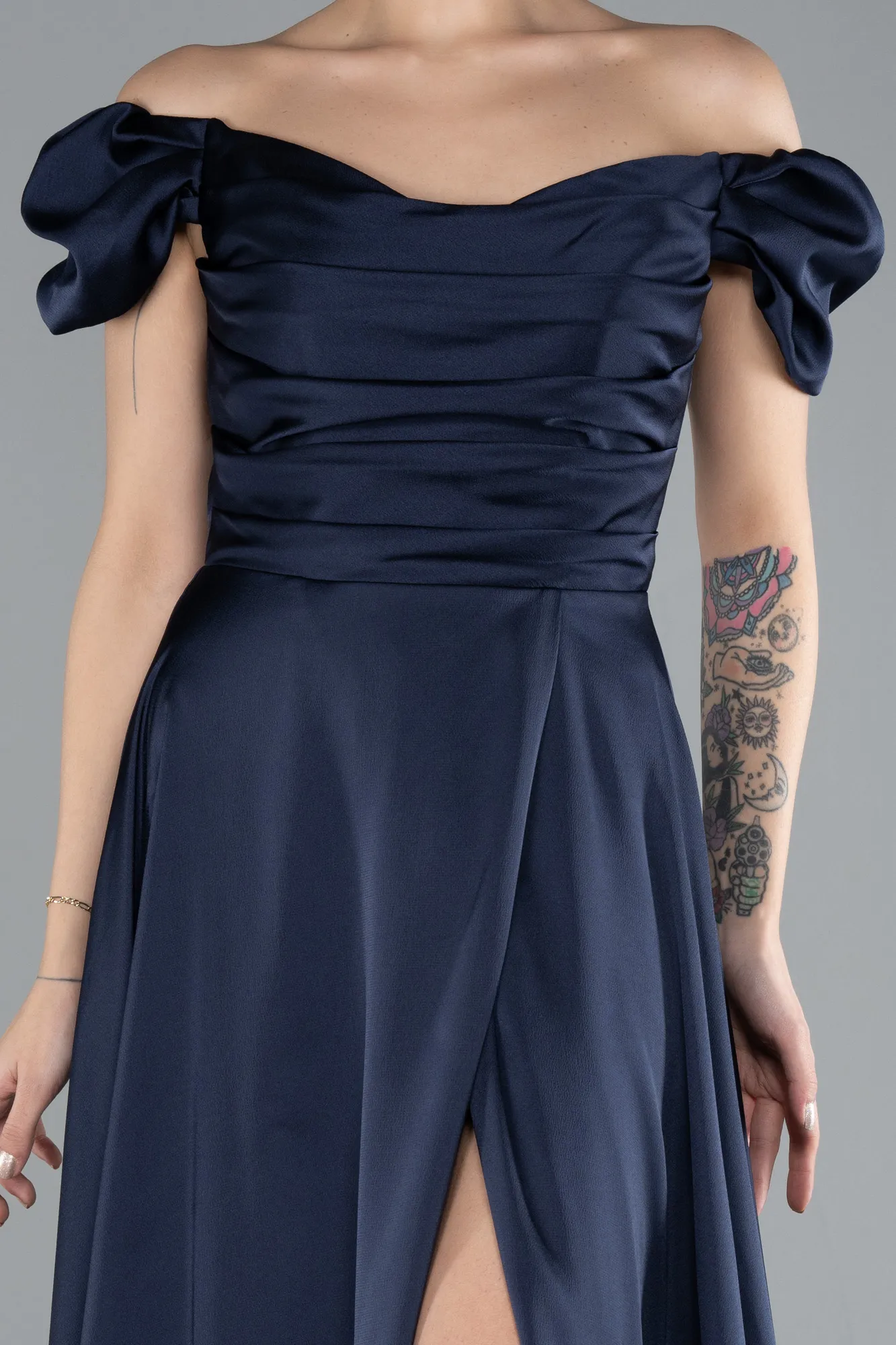 Navy Blue-Boat Neck Slit Long Satin Prom Gown ABU4508