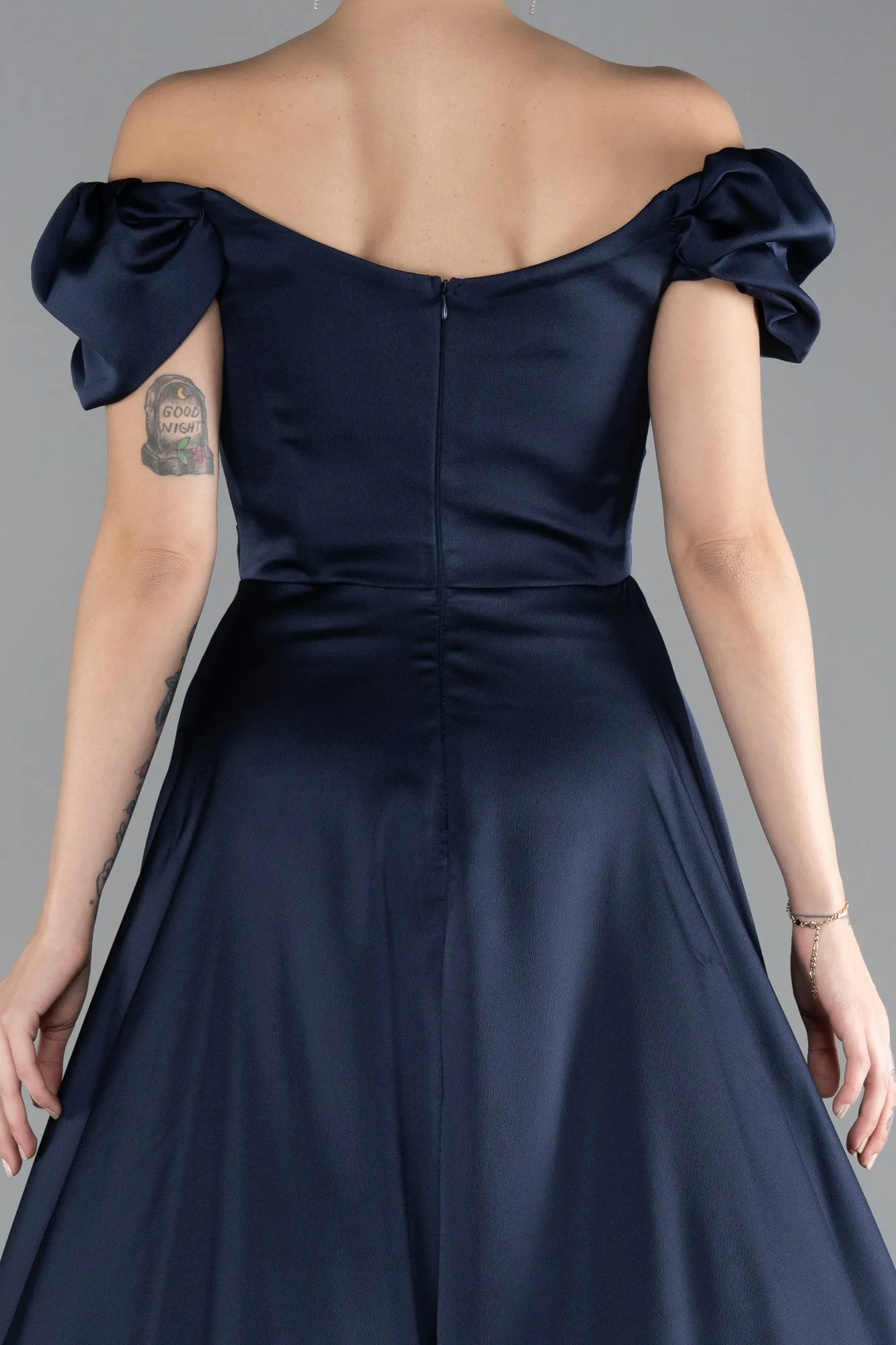 Navy Blue-Boat Neck Slit Long Satin Prom Gown ABU4508