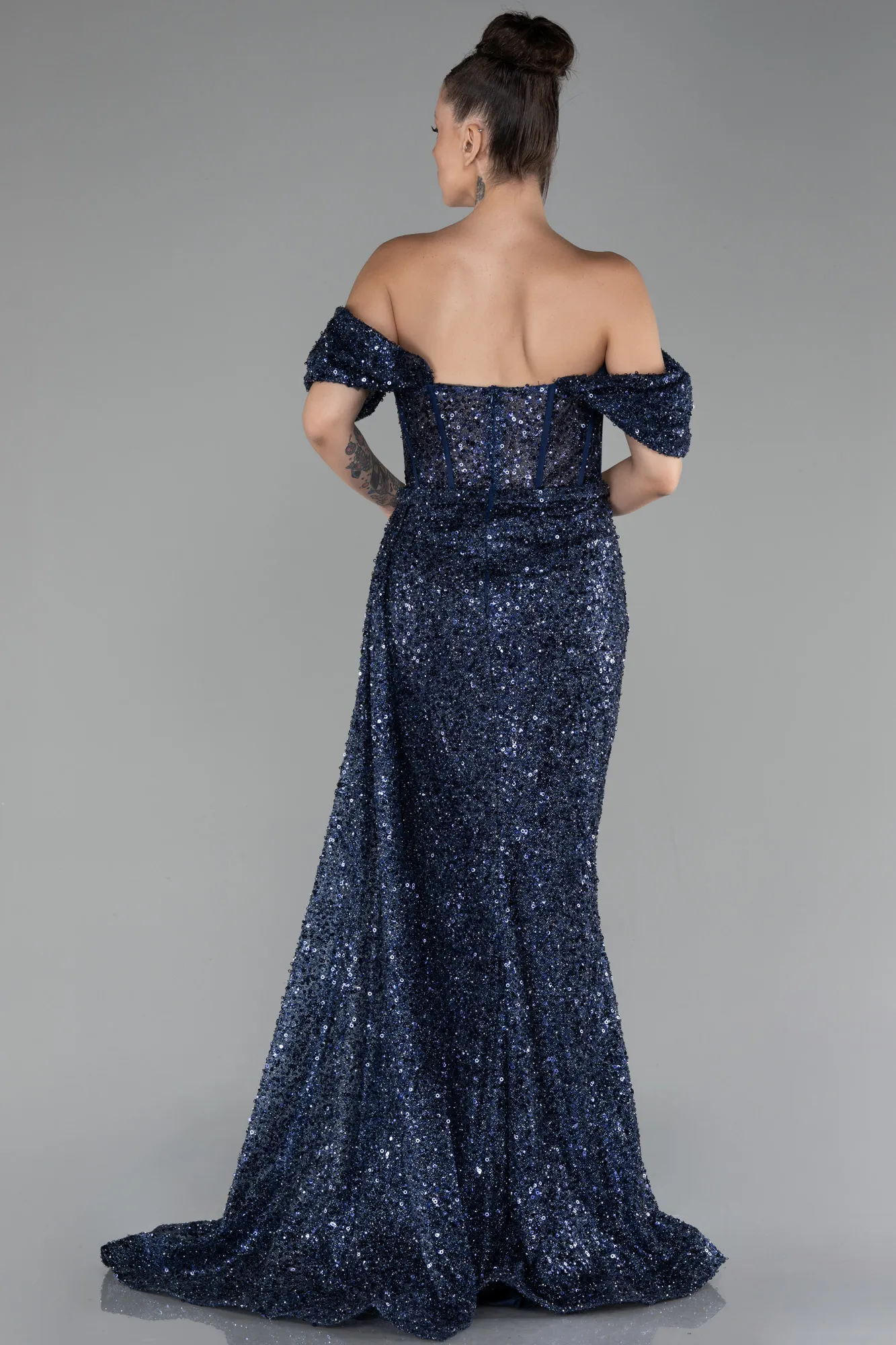 Navy Blue-Boat Neck Slit Long Scaly Prom Gown ABU4265