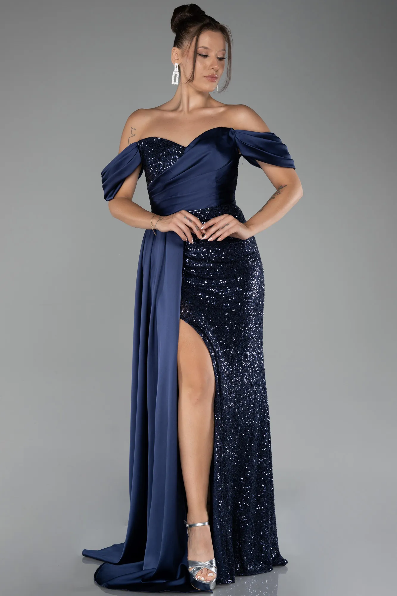 Navy Blue-Boat Neck Slit Long Sequined Evening Gown ABU4085