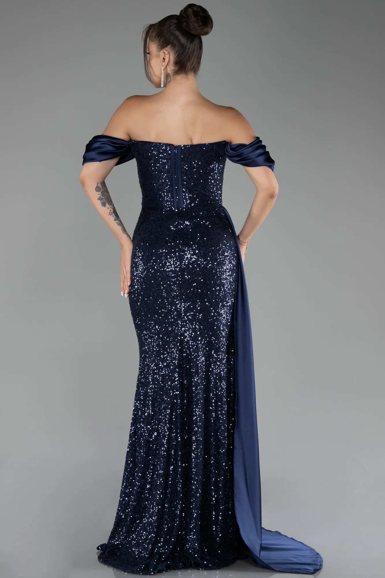 Navy Blue-Boat Neck Slit Long Sequined Evening Gown ABU4085